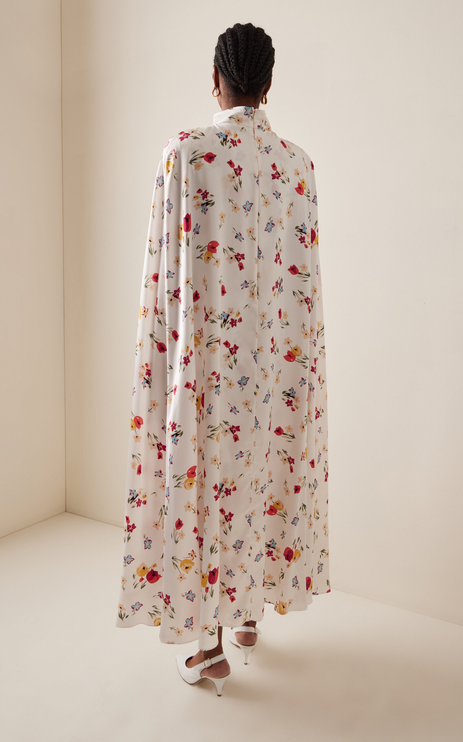 Tulip-Printed Silk-Satin Cape Dress white - 4