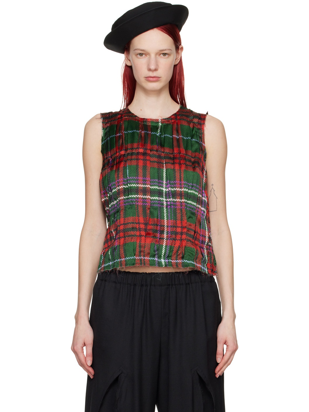 Red & Green Pleated Tank Top - 1