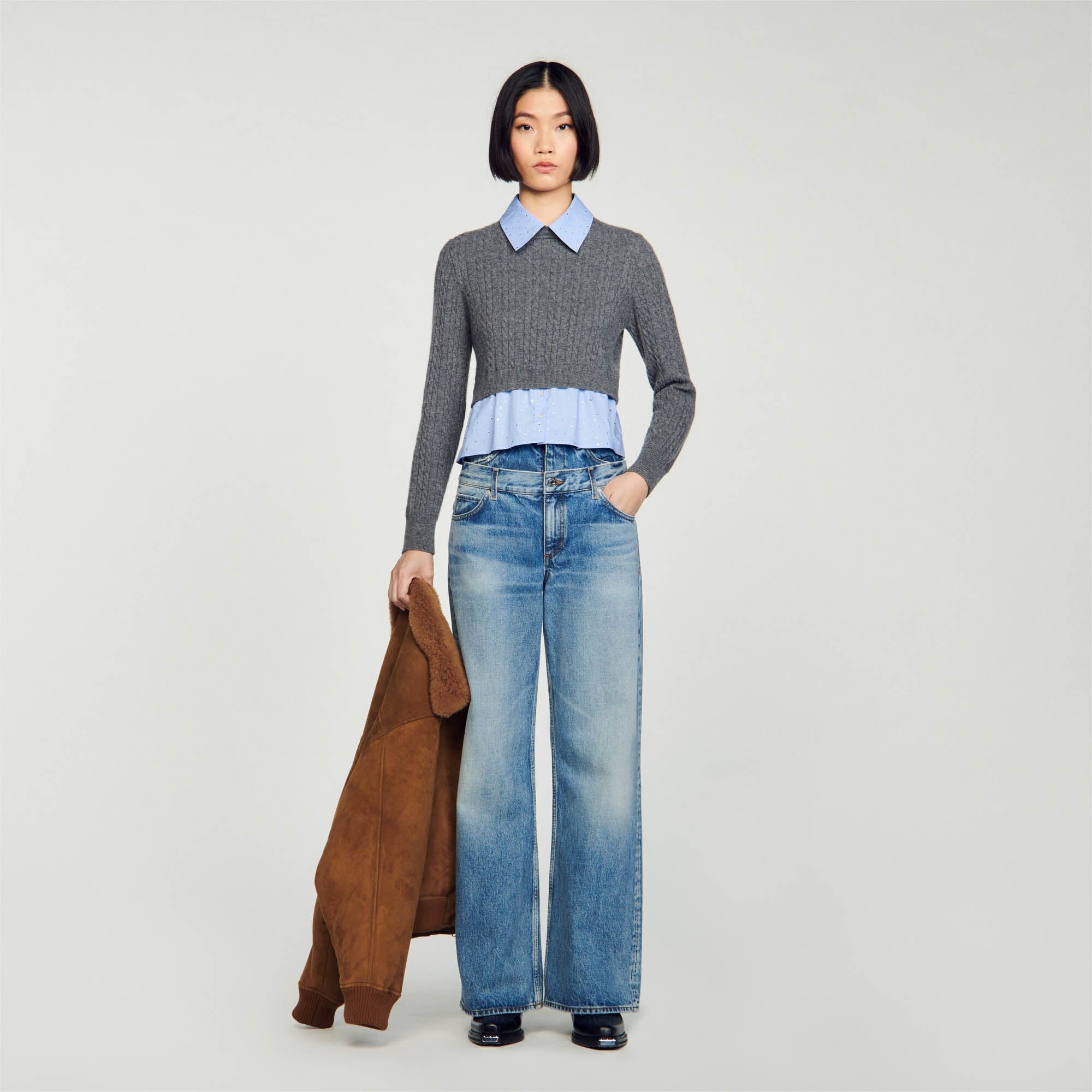 CROPPED CABLE KNIT SWEATER - 2