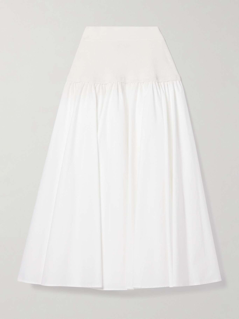 Stella paneled pleated cotton-blend poplin midi skirt White 1