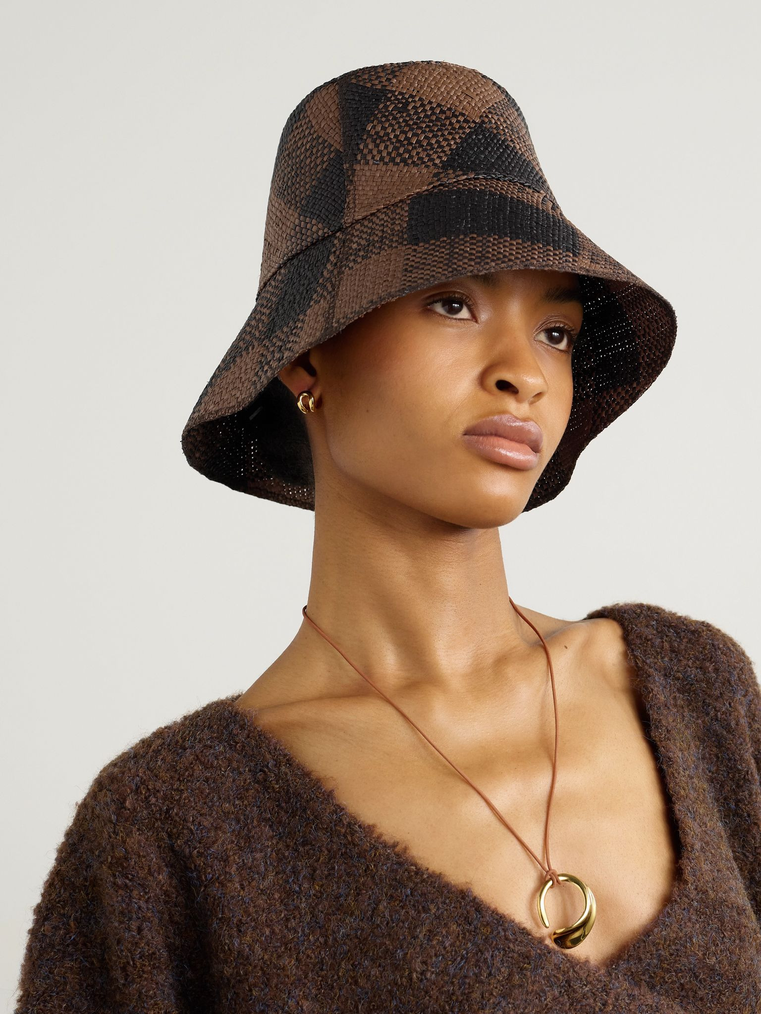 + Artesano Heaven and Earth checked straw bucket hat Brown - 2