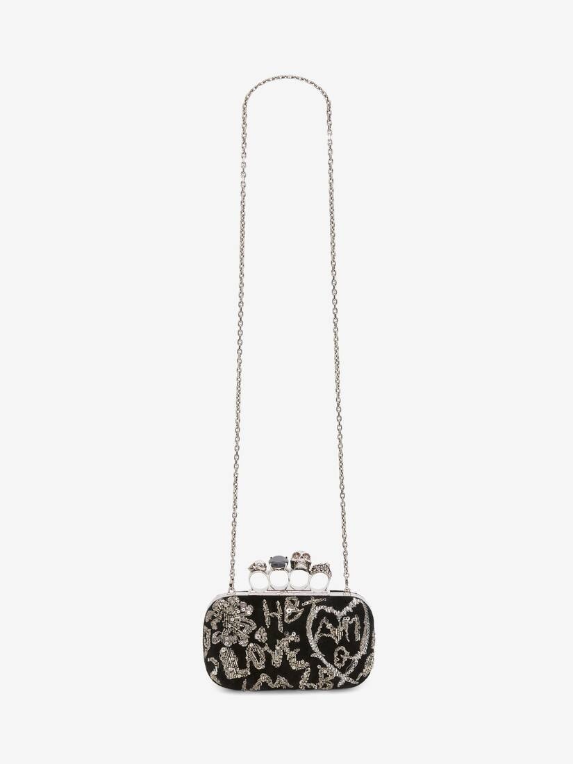 Skull Four Ring Clutch With Chain in Black - 5