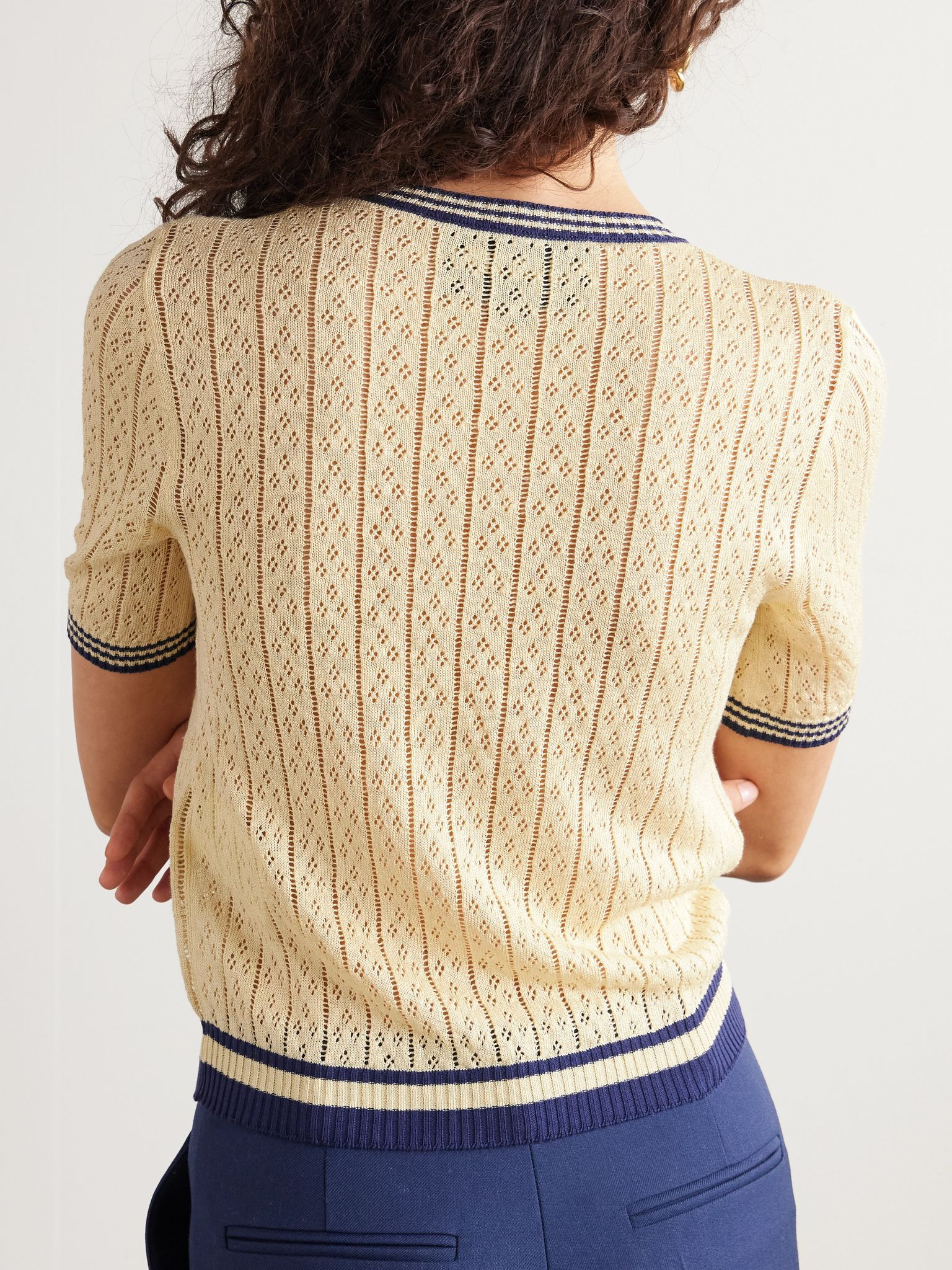 Embroidered striped pointelle-knit linen-blend cardigan Cream - 3