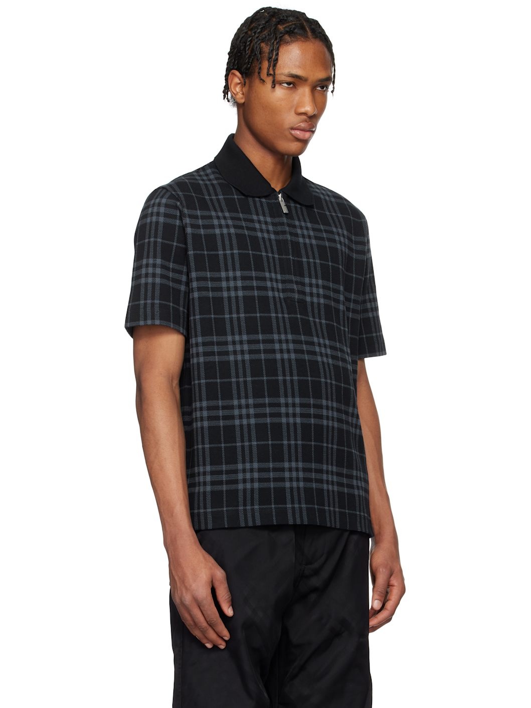 Navy Check Stretch Cotton Blend Polo - 2
