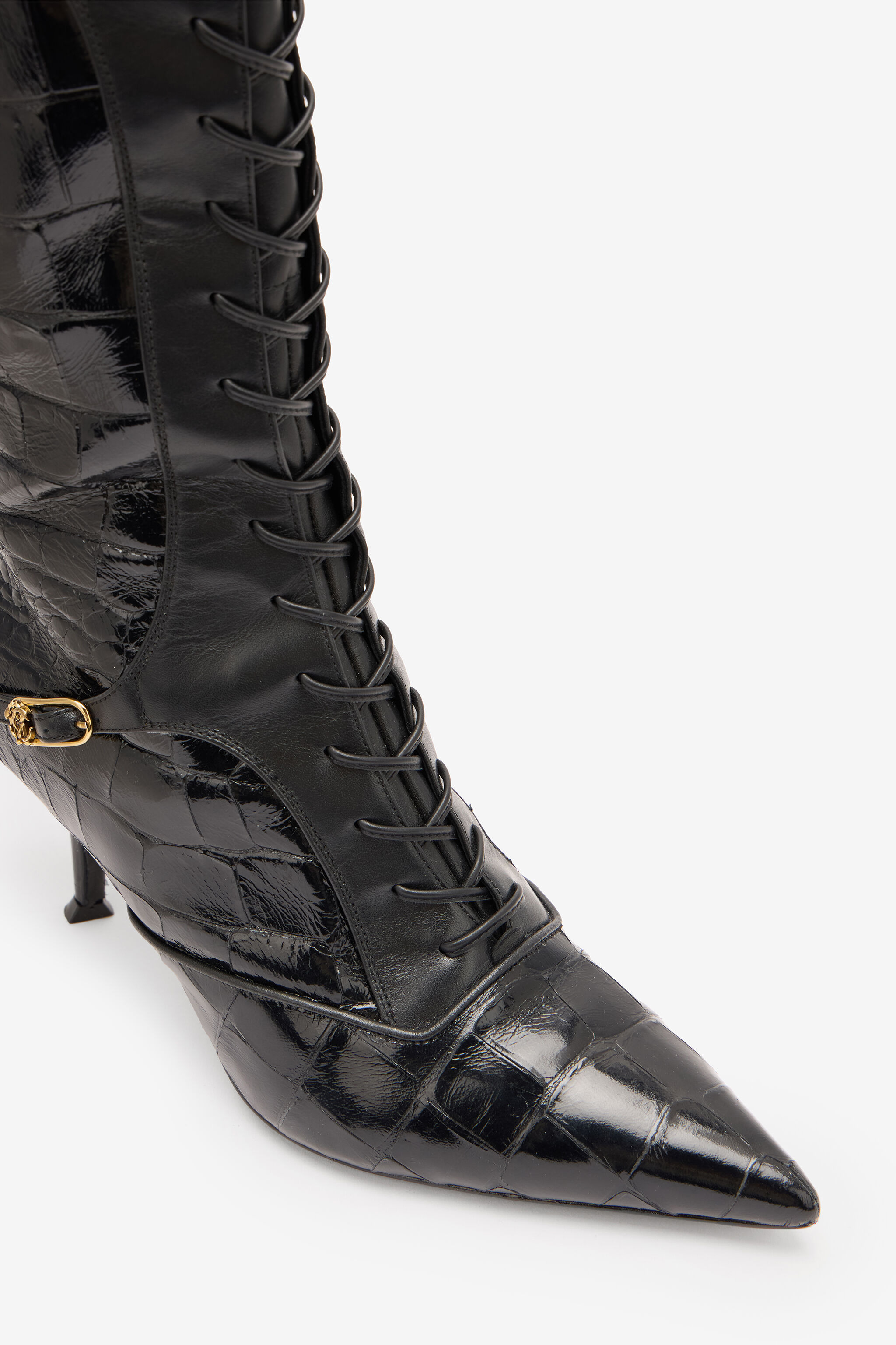 Pointed Lace-Up Boots With Crocodile Effect - 4
