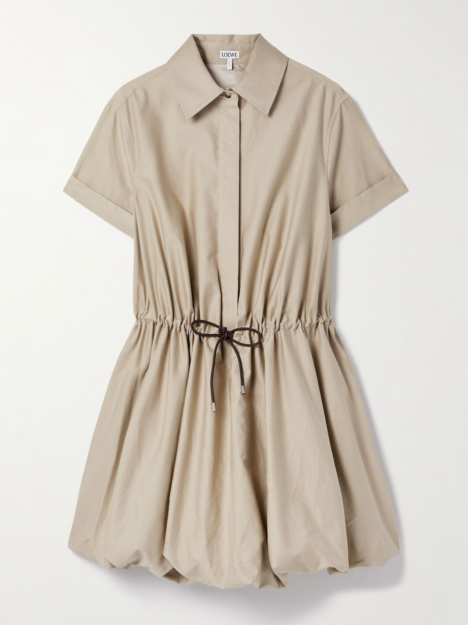Leather-trimmed gathered cotton and silk-blend poplin mini shirt dress Beige - 1
