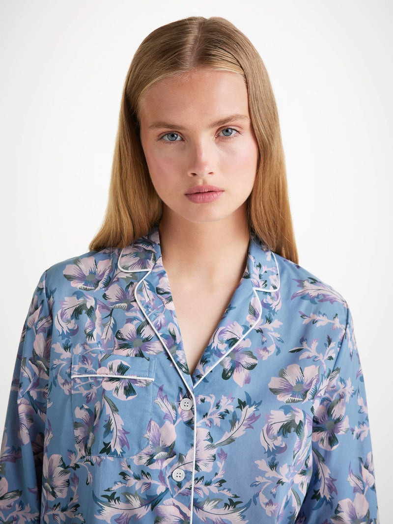 Derek Rose Women's Pajamas Cotton Batiste Blue Wildflower Print outlook