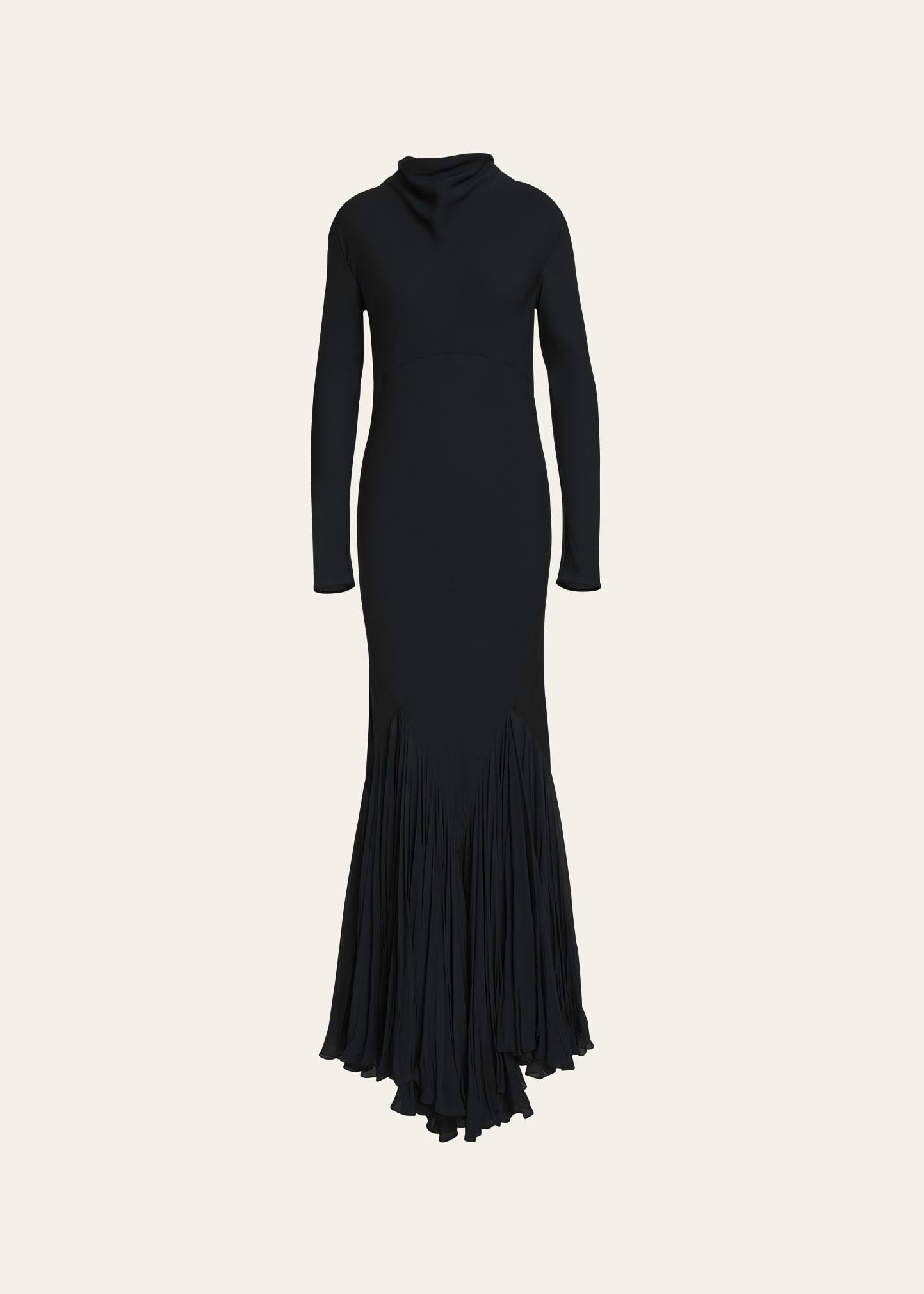 Metin Cowl-Neck Long-Sleeve Pleated Mermaid Gown - 1