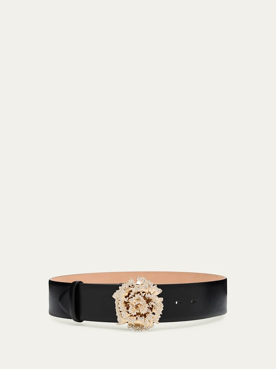 Crystal-Buckle Calf Leather Belt - 1