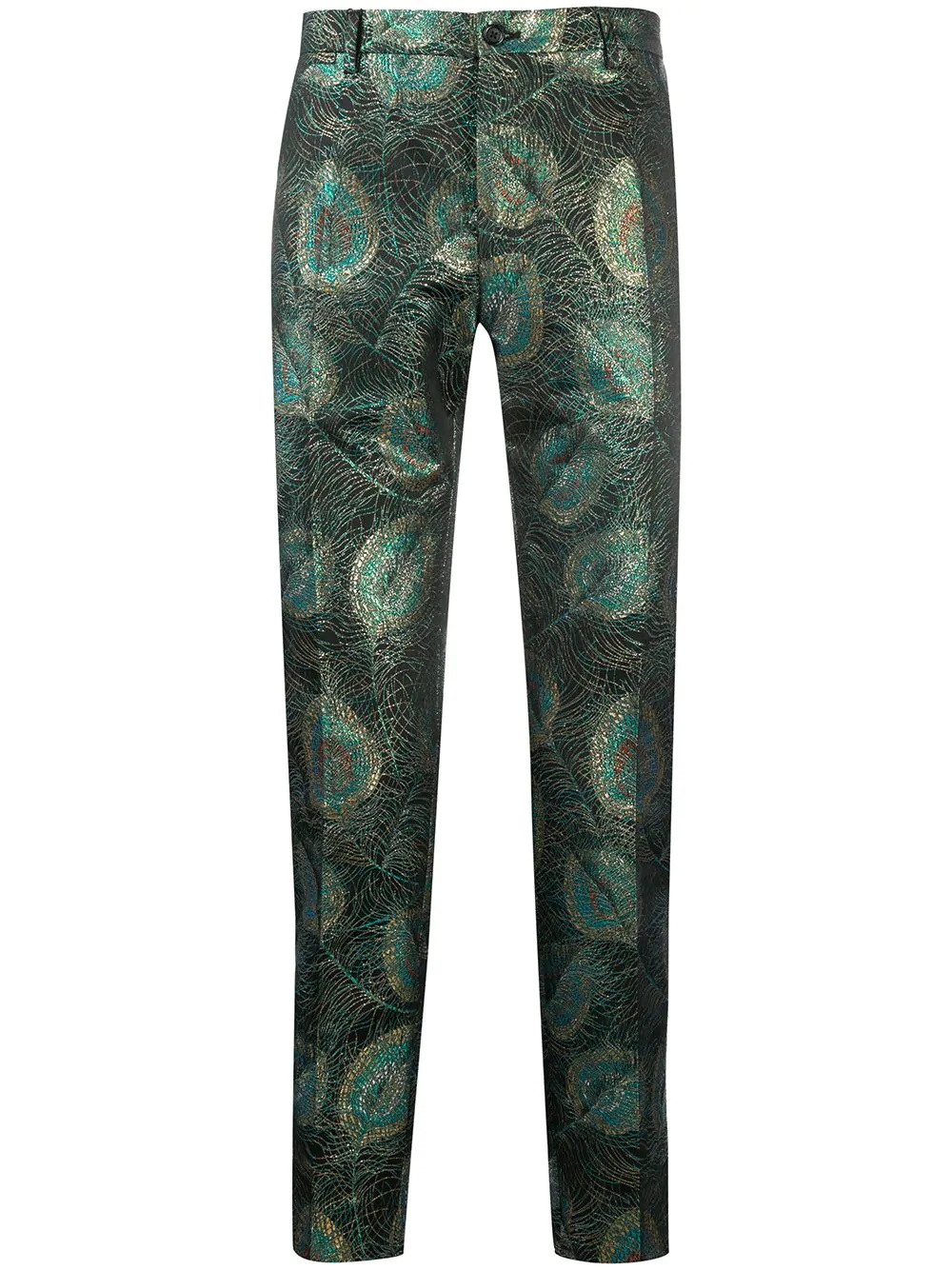 metallic peacock print tailored trousers - 1