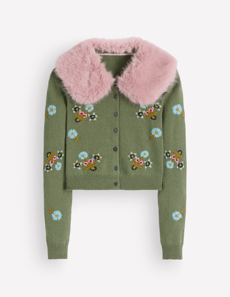 Fur Collar Cropped Cardigan-Laurel Green, Embroidered - 1