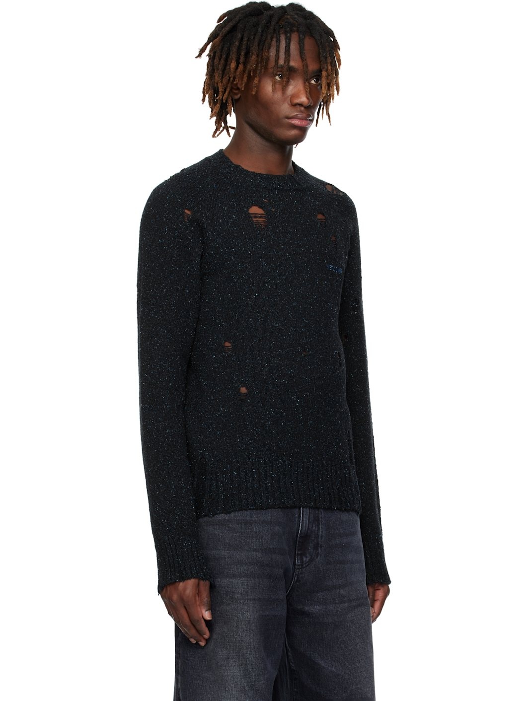 Navy Raglan-Sleeved Grunge Knit Sweater - 2