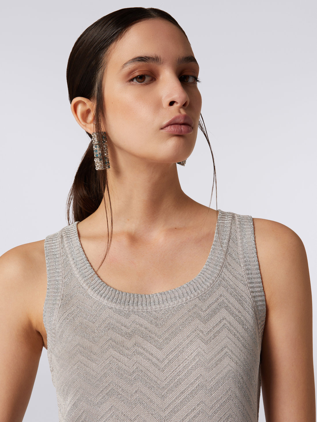 Viscose blend tank top with tone-on-tone chevron and lamé - 5