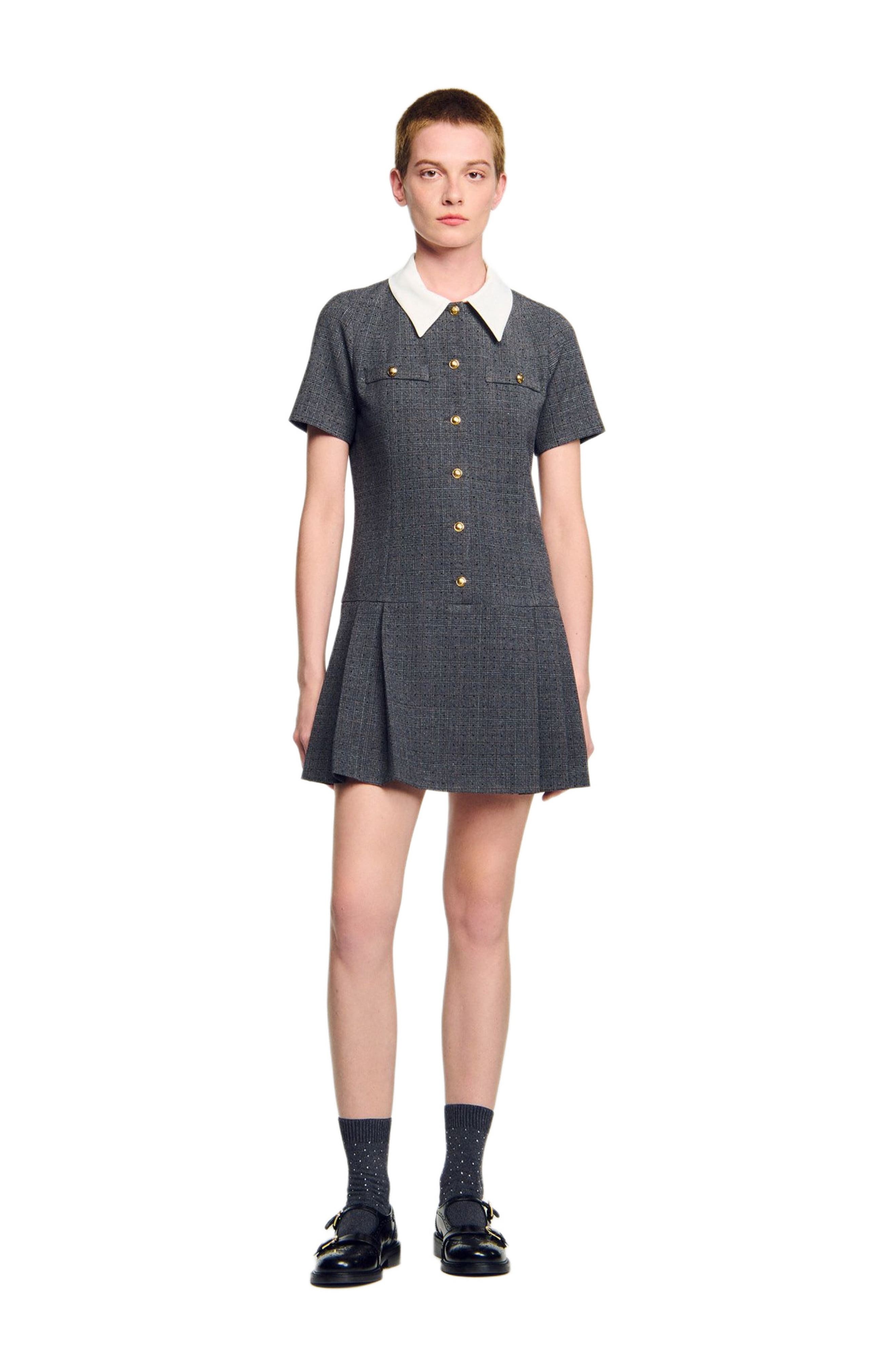 SANDRO Short pleated dress with rhinestones in Grey /Brown at Nordstrom - 6