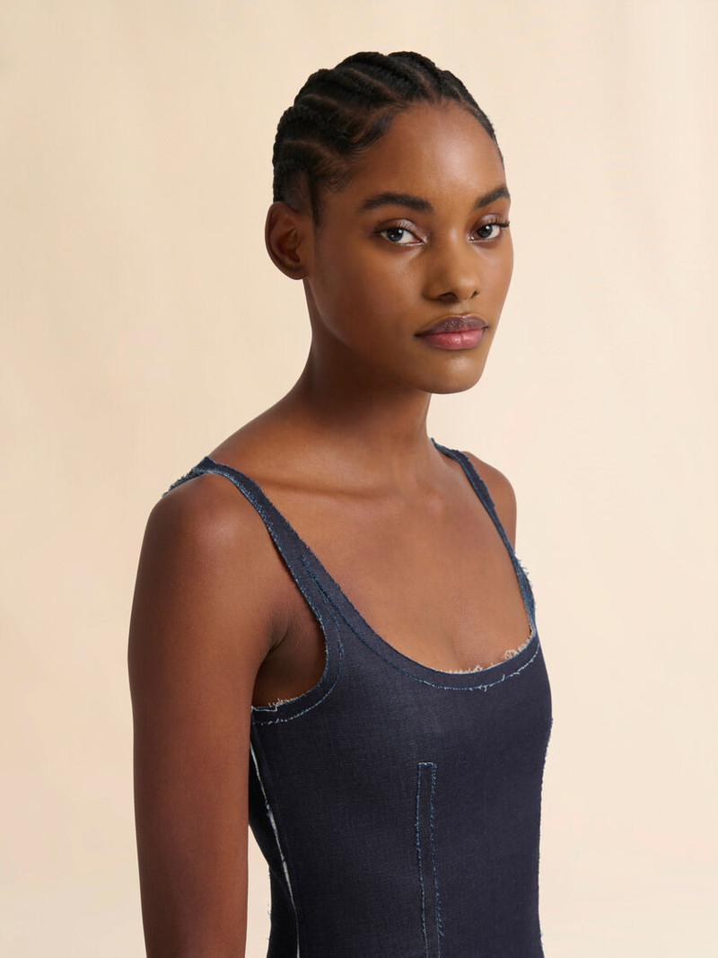 DEEP BLUE STRETCH DENIM TROMPE L'OEIL TANK TOP 4