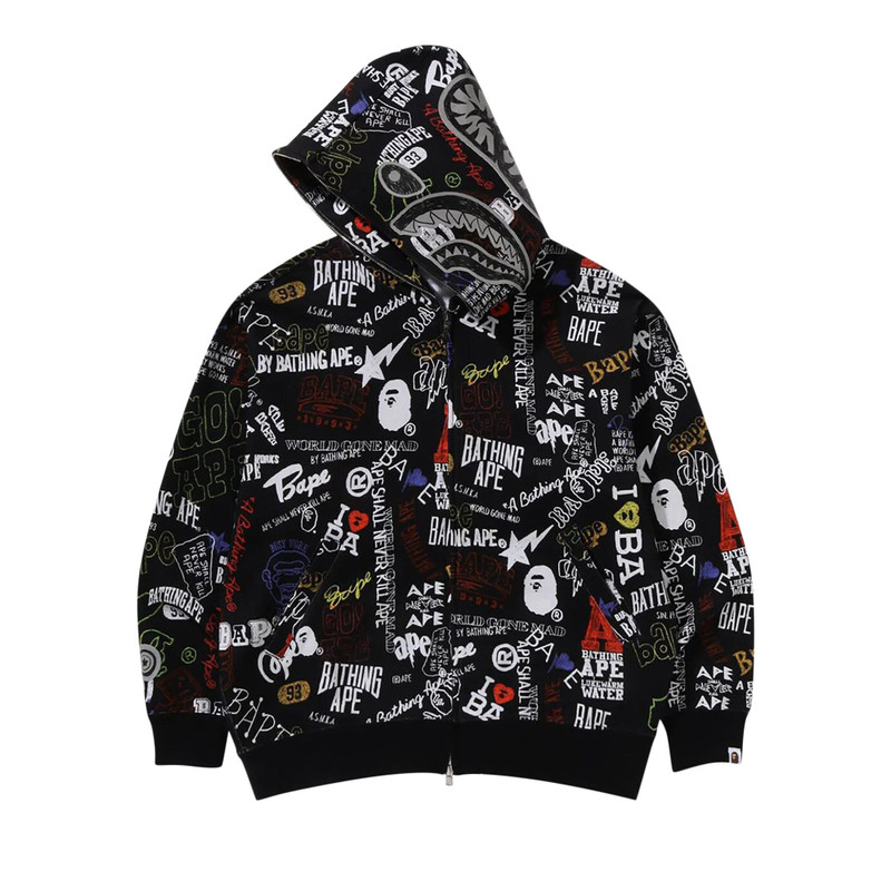 A BATHING APE® BAPE Hand Draw Pattern Shark Zip Hoodie 'Black' outlook