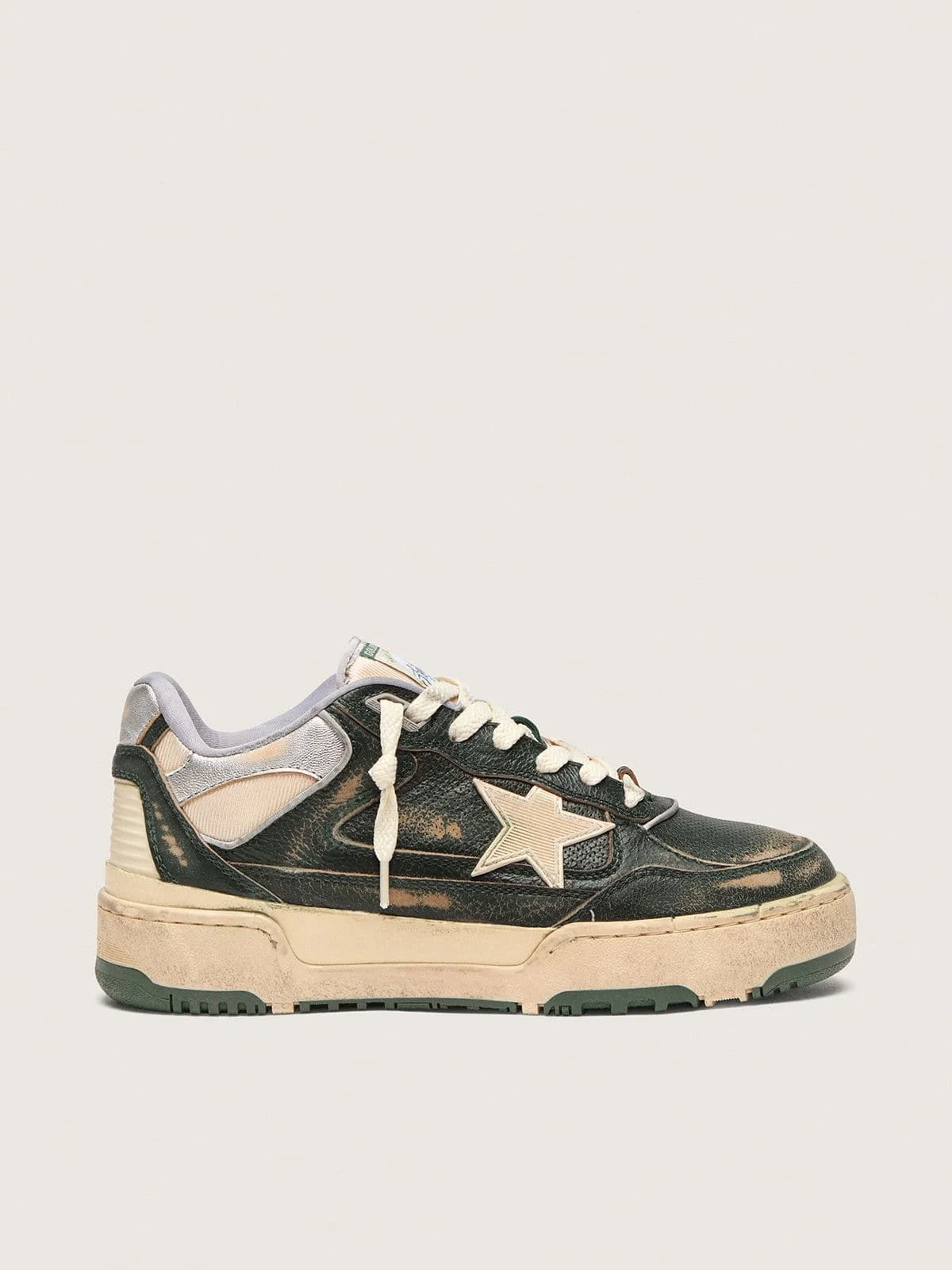 Women's Forty2 in green leather and cream nylon with TPU star and silver leather heel tab - 1