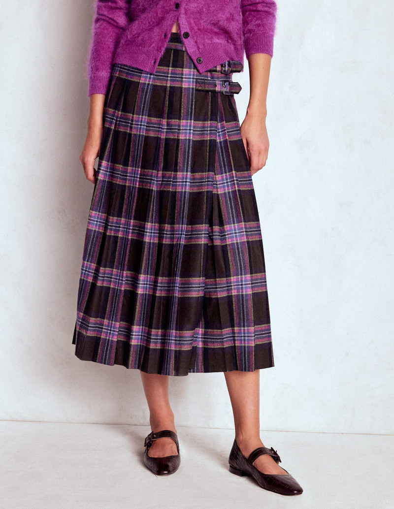 Josephine Wool Kilt Skirt-Brown, Teal & Pink Check 5