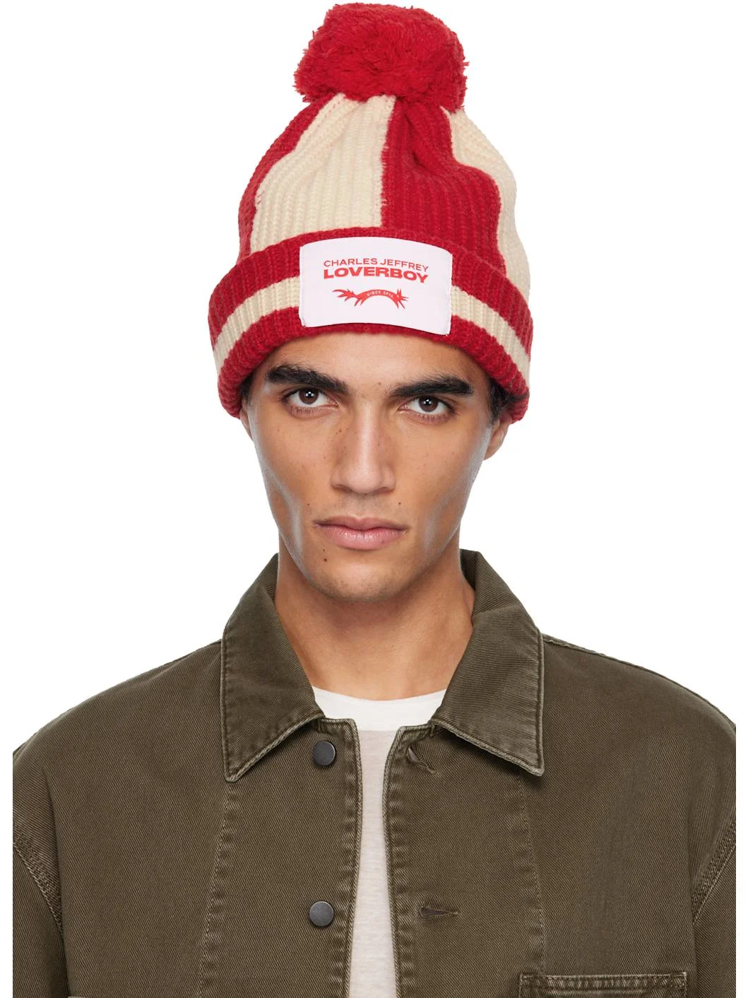 Red & Off-White Pompom Beanie - 1