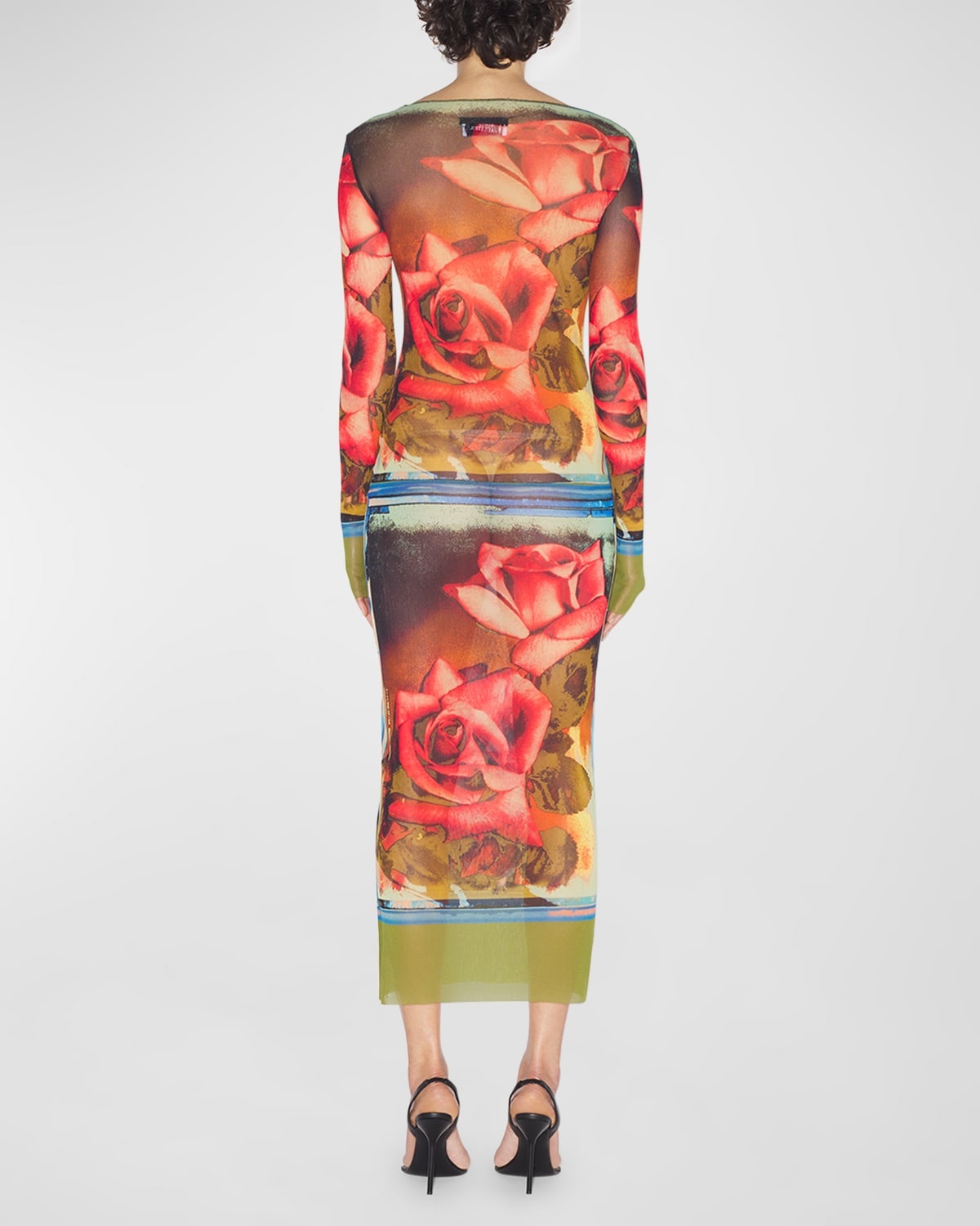 Roses-Print Long-Sleeve Mesh Maxi Dress - 3