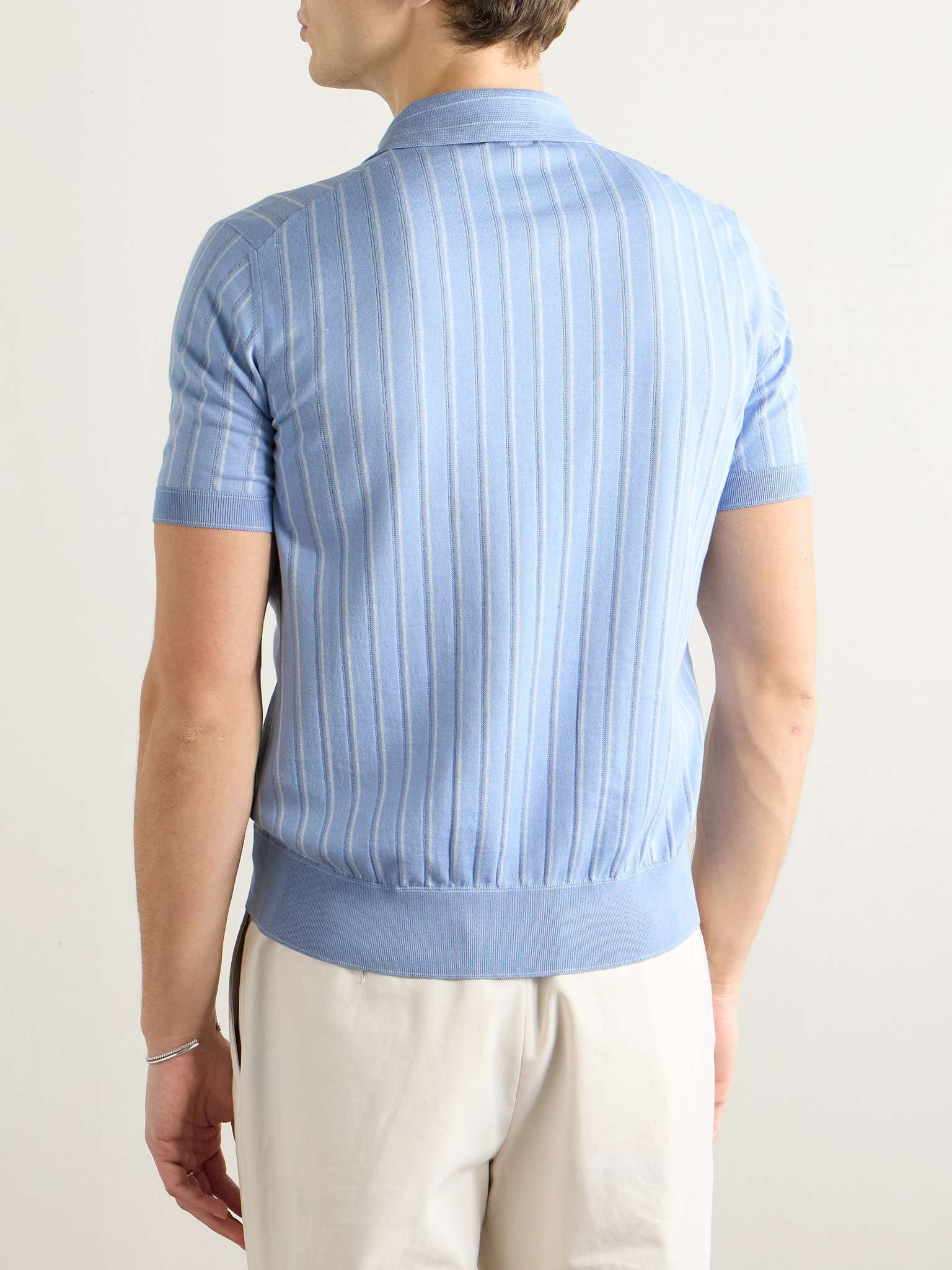 Slim-Fit Striped Pointelle-Knit Cotton, Silk and Linen-Blend Polo Shirt - 3