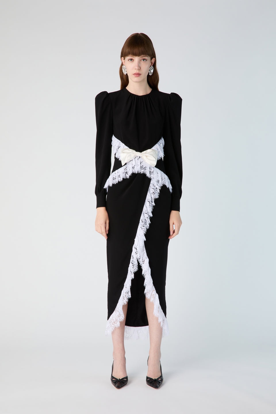 SILK DRESS WITH LACE RUFFLE AND BOW - 4