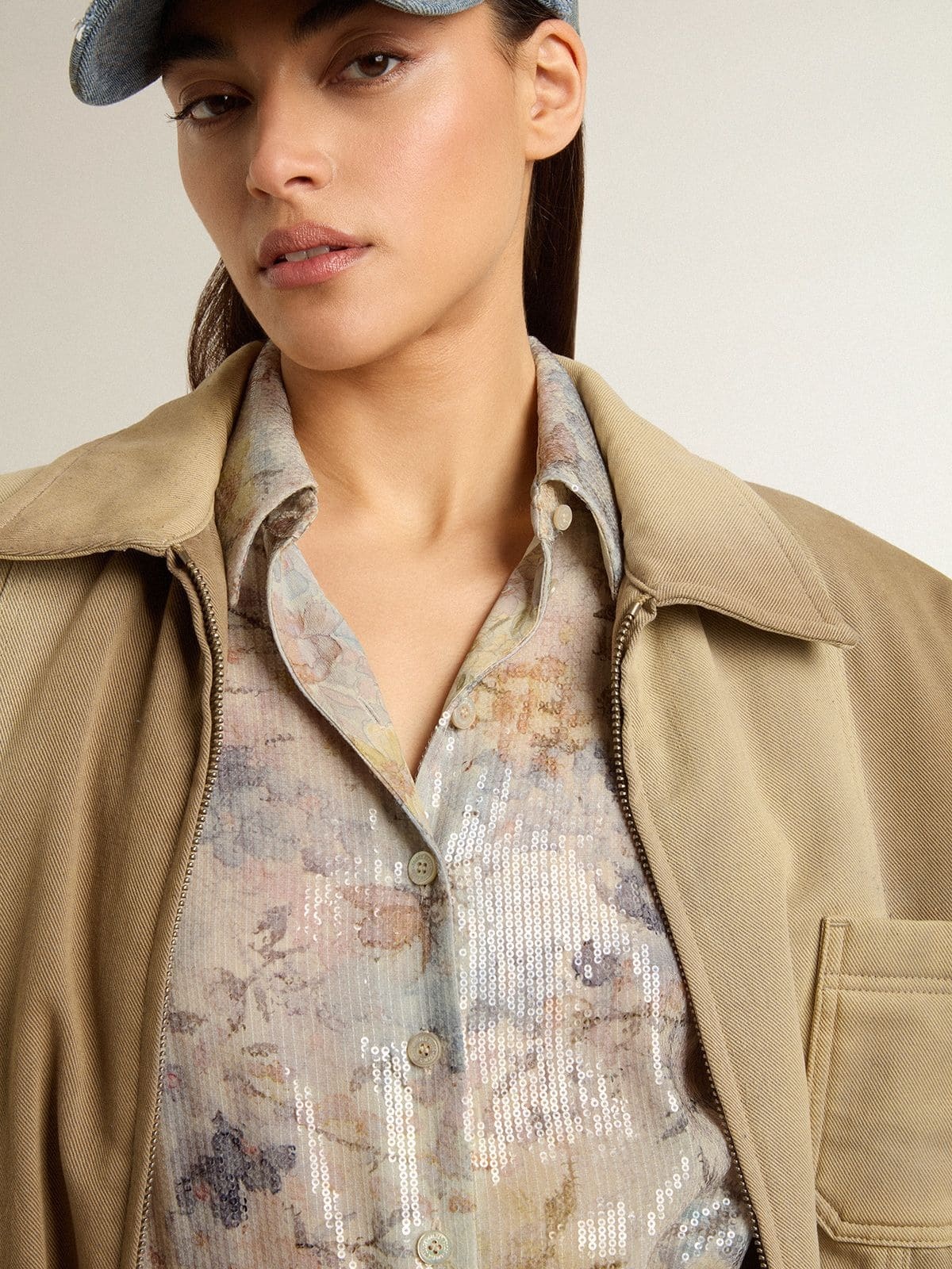 Women's shirt dress with multicolor sequined floral print - 4