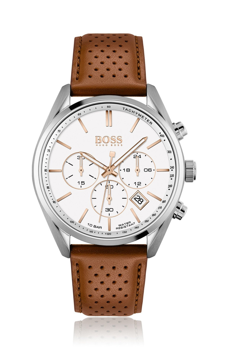 WHITE-DIAL CHRONOGRAPH WATCH WITH PERFORATED LEATHER STRAP 1