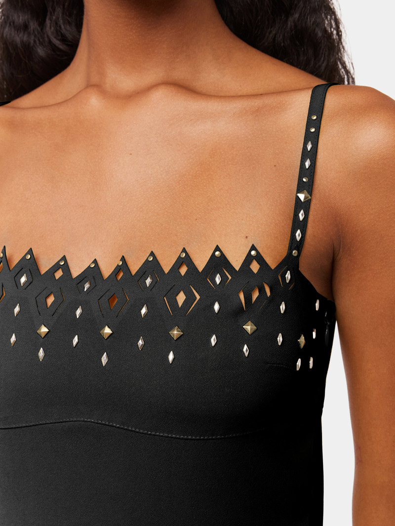 BLACK CREPE LONG DRESS WITH DIAMOND-SHAPED ASSEMBLY 4