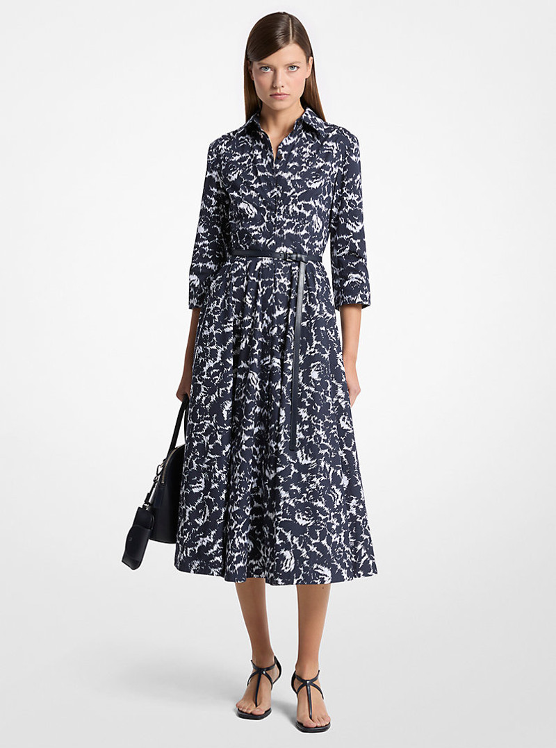 Graphic Floral Chiné Cotton Poplin Quarter-Sleeve Belted Shirtdress 1