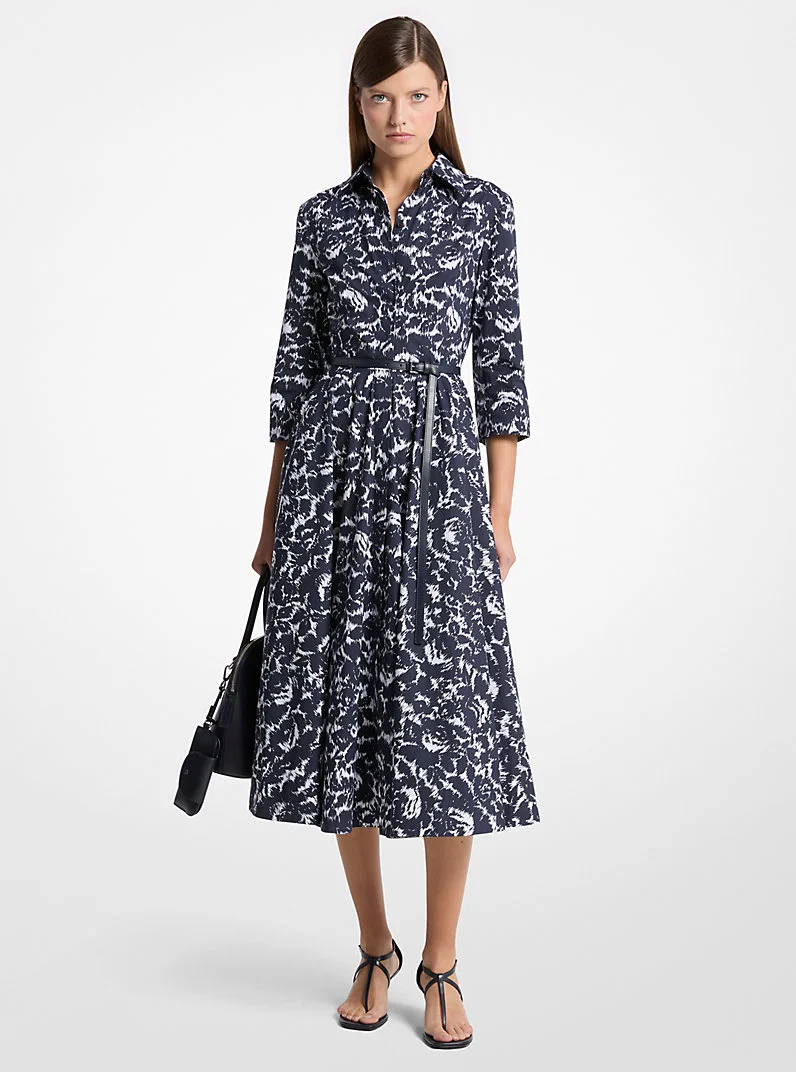 Graphic Floral Chiné Cotton Poplin Quarter-Sleeve Belted Shirtdress - 1