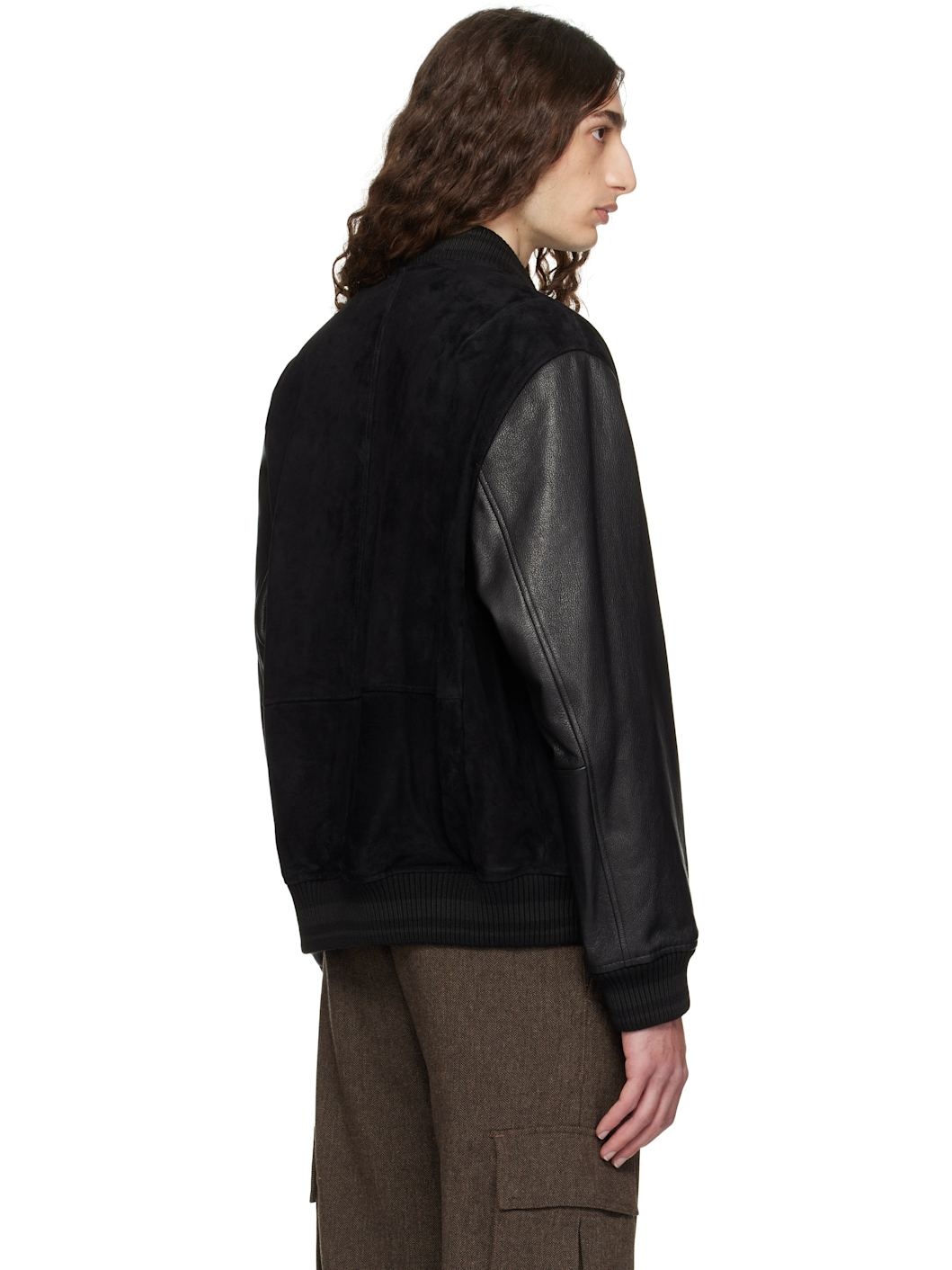 Black Embossed-Logo Leather Bomber Jacket - 3