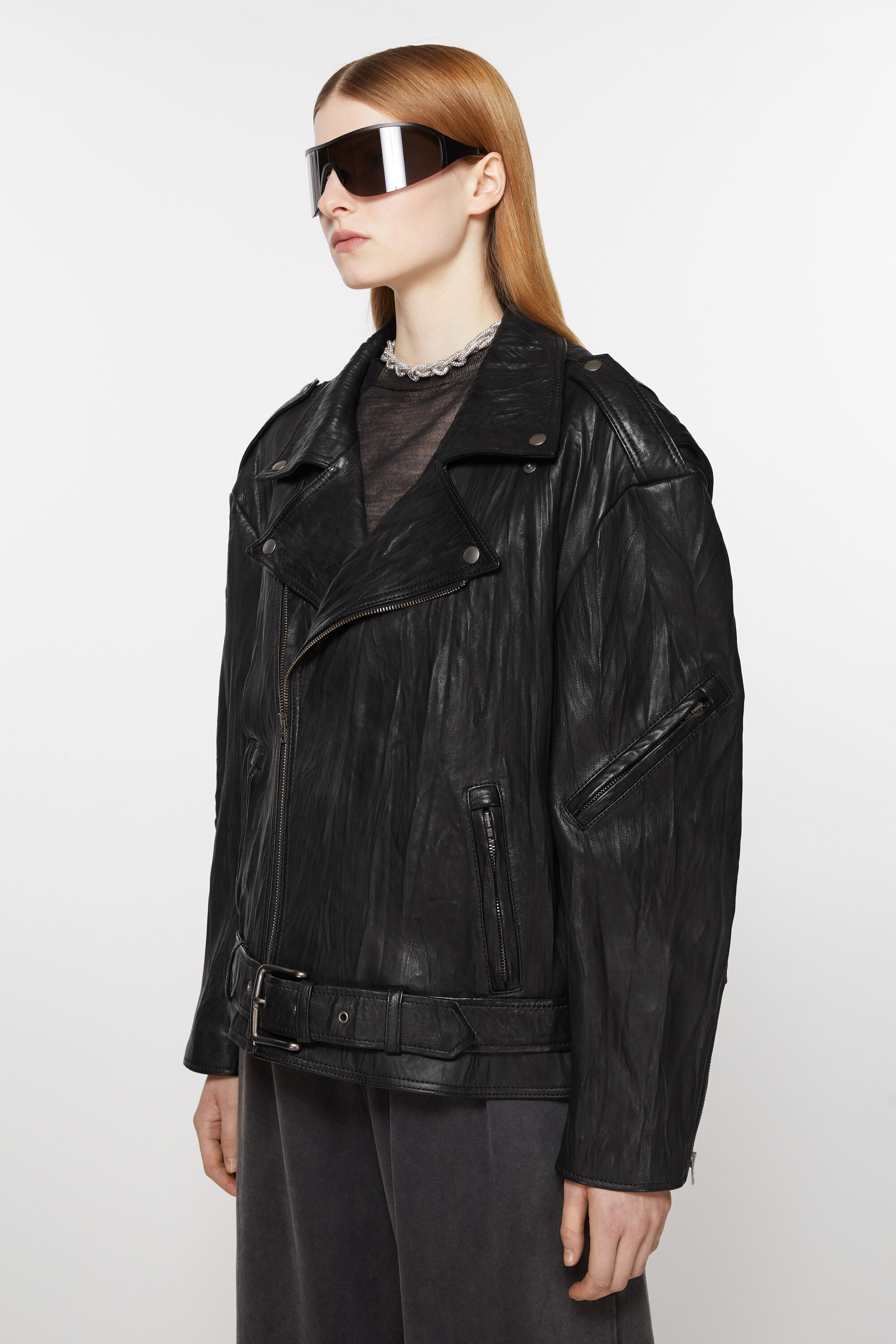 Crinkled leather biker jacket - Black - 3