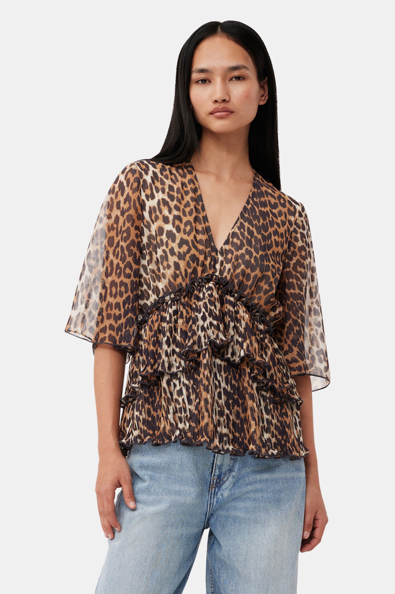 LEOPARD PLEATED GEORGETTE V-NECK FLOUNCE BLOUSE - 2
