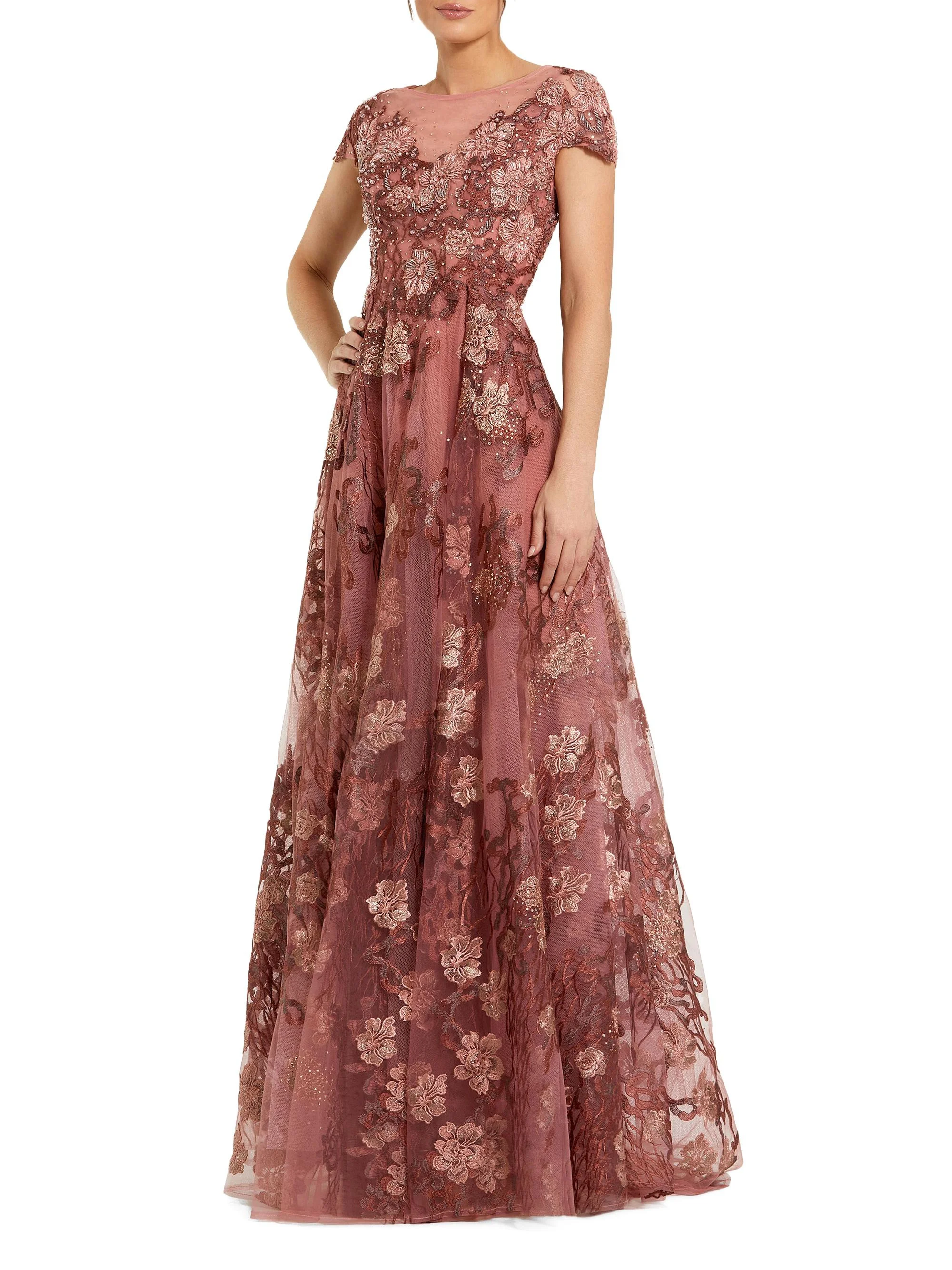 Women's Cap-Sleeve Floral A-Line Gown - Cinnamon - 1