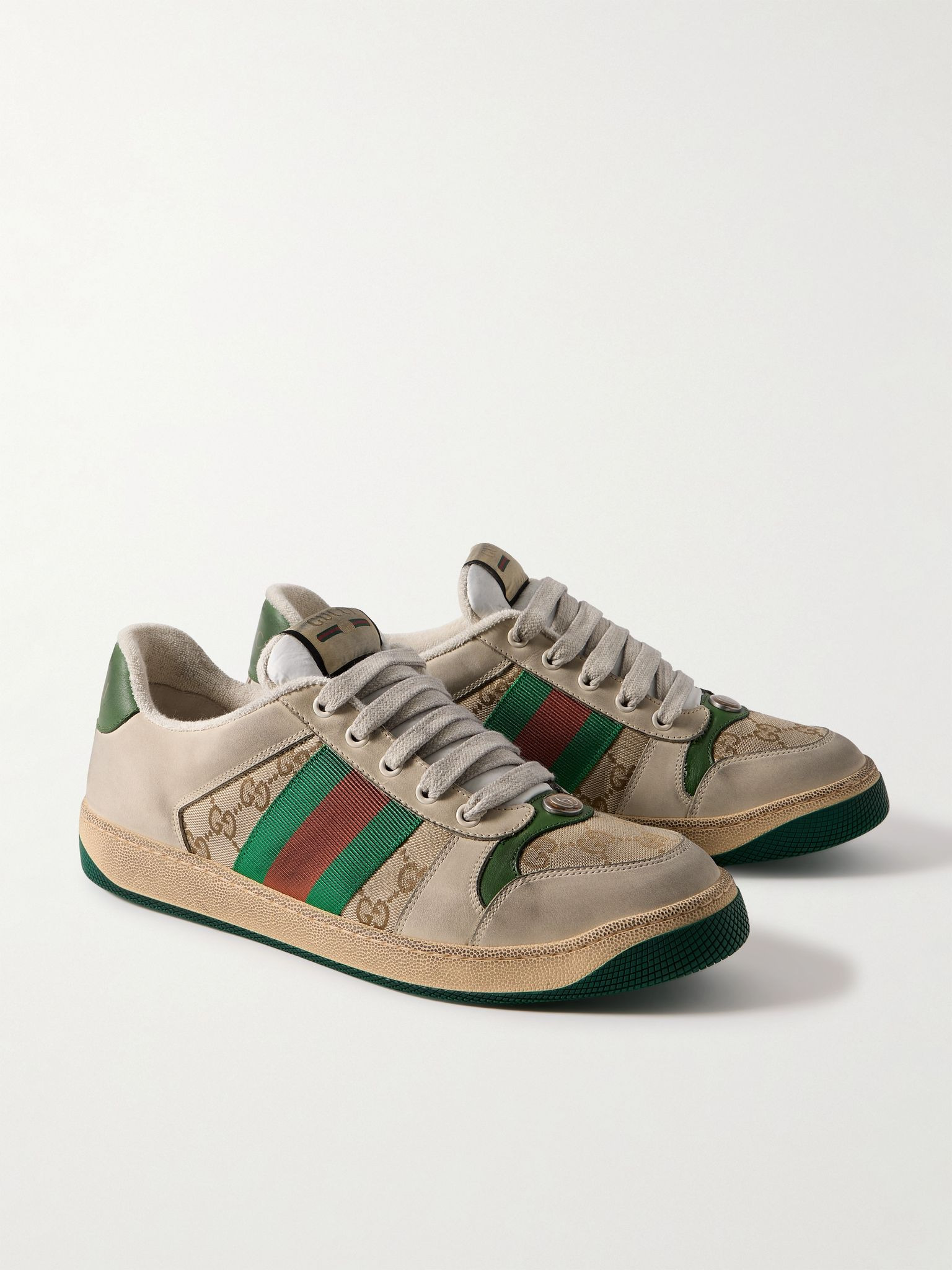 Screener Monogrammed Canvas and Webbing-Trimmed Distressed Leather Sneakers Off-white - 4