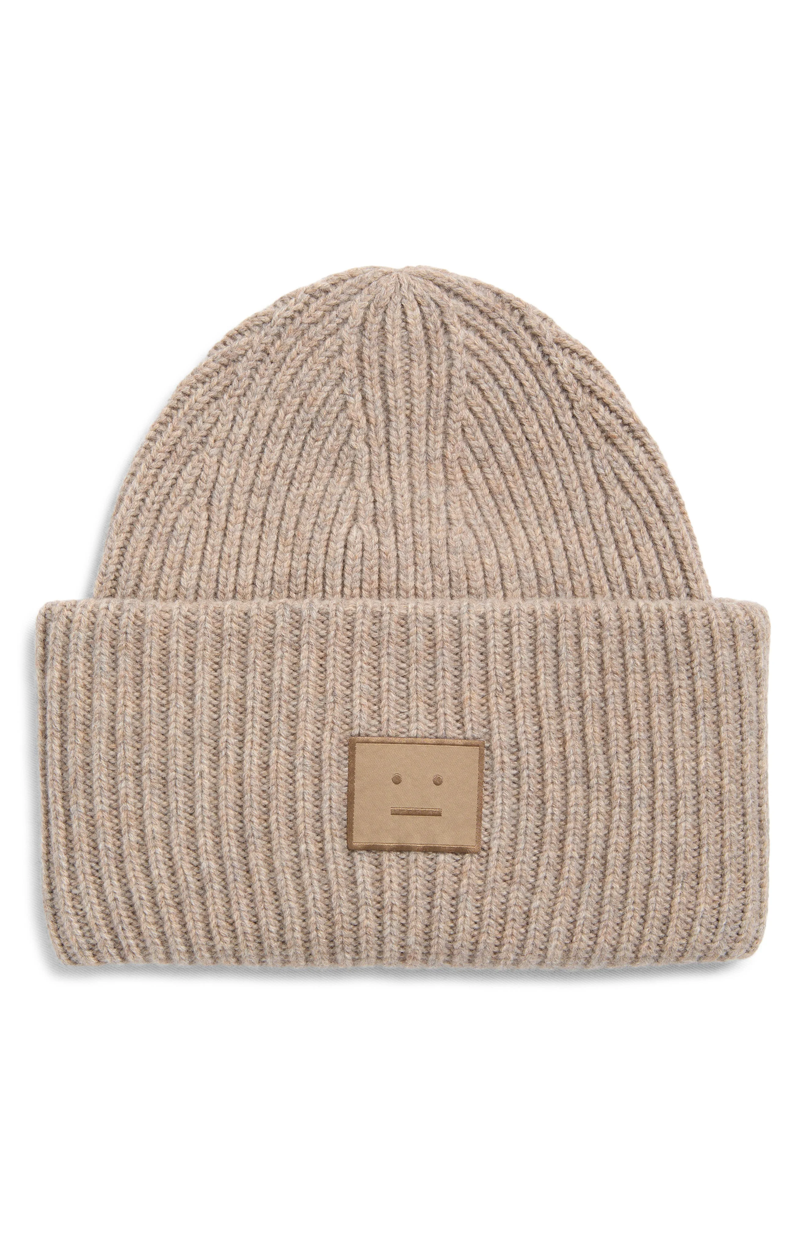 Acne Studios Pansy Face Patch Wool & Yak Hair Blend Beanie in Greige Melange at Nordstrom - 1