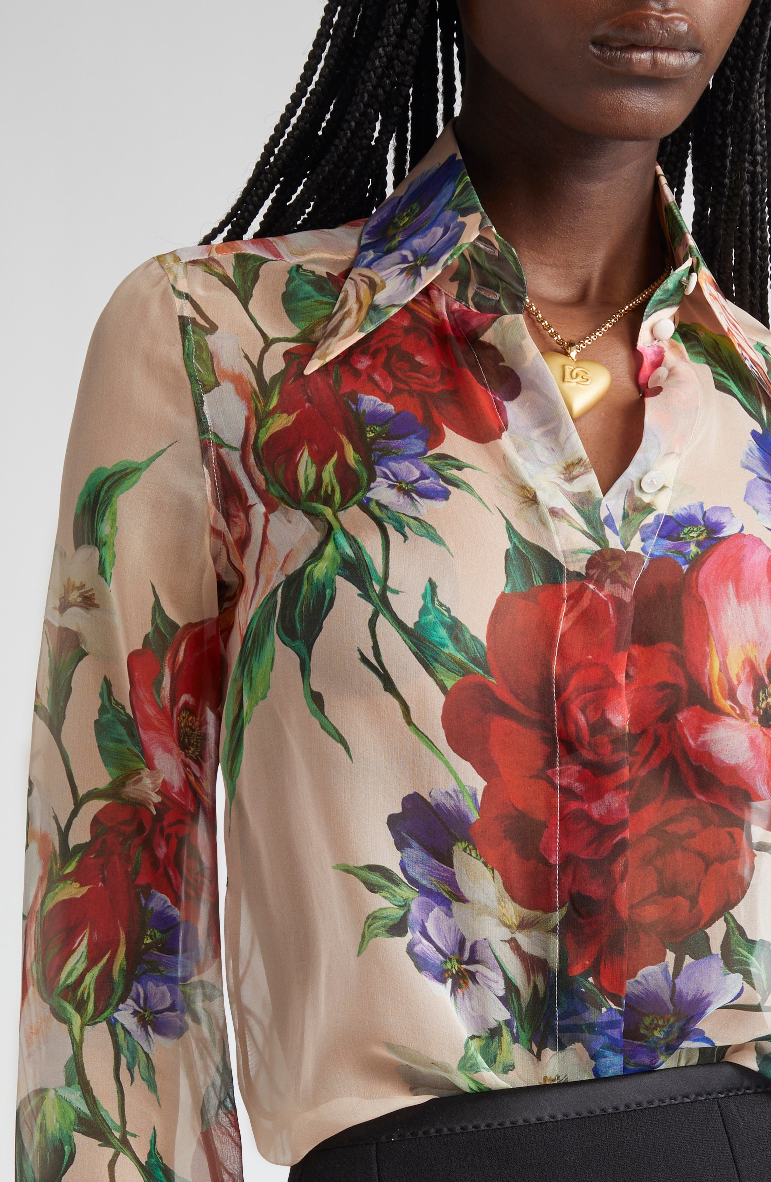 Dolce&Gabbana Floral Print Silk Chiffon Button-Up Shirt in Beige Print Floral at Nordstrom - 4