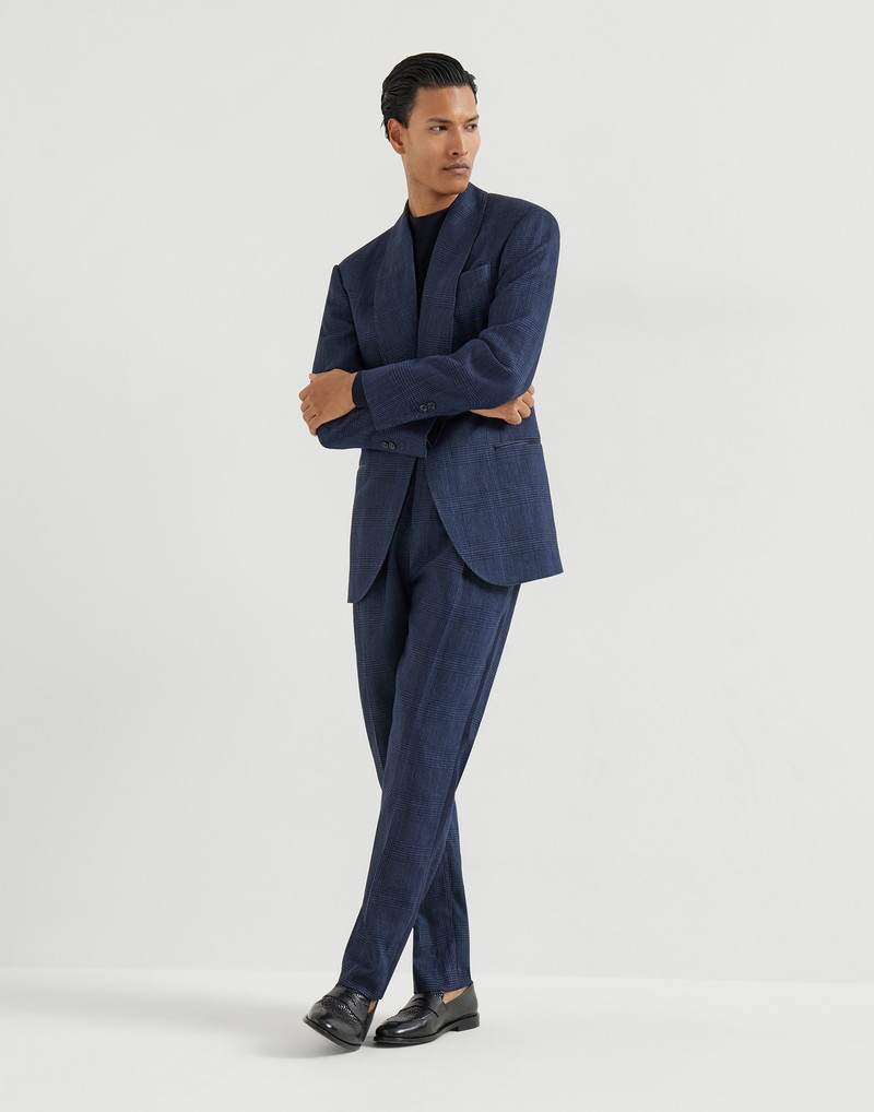 Cotton and linen Prince of Wales tuxedo with shawl lapel jacket and trousers with double pleats and 2