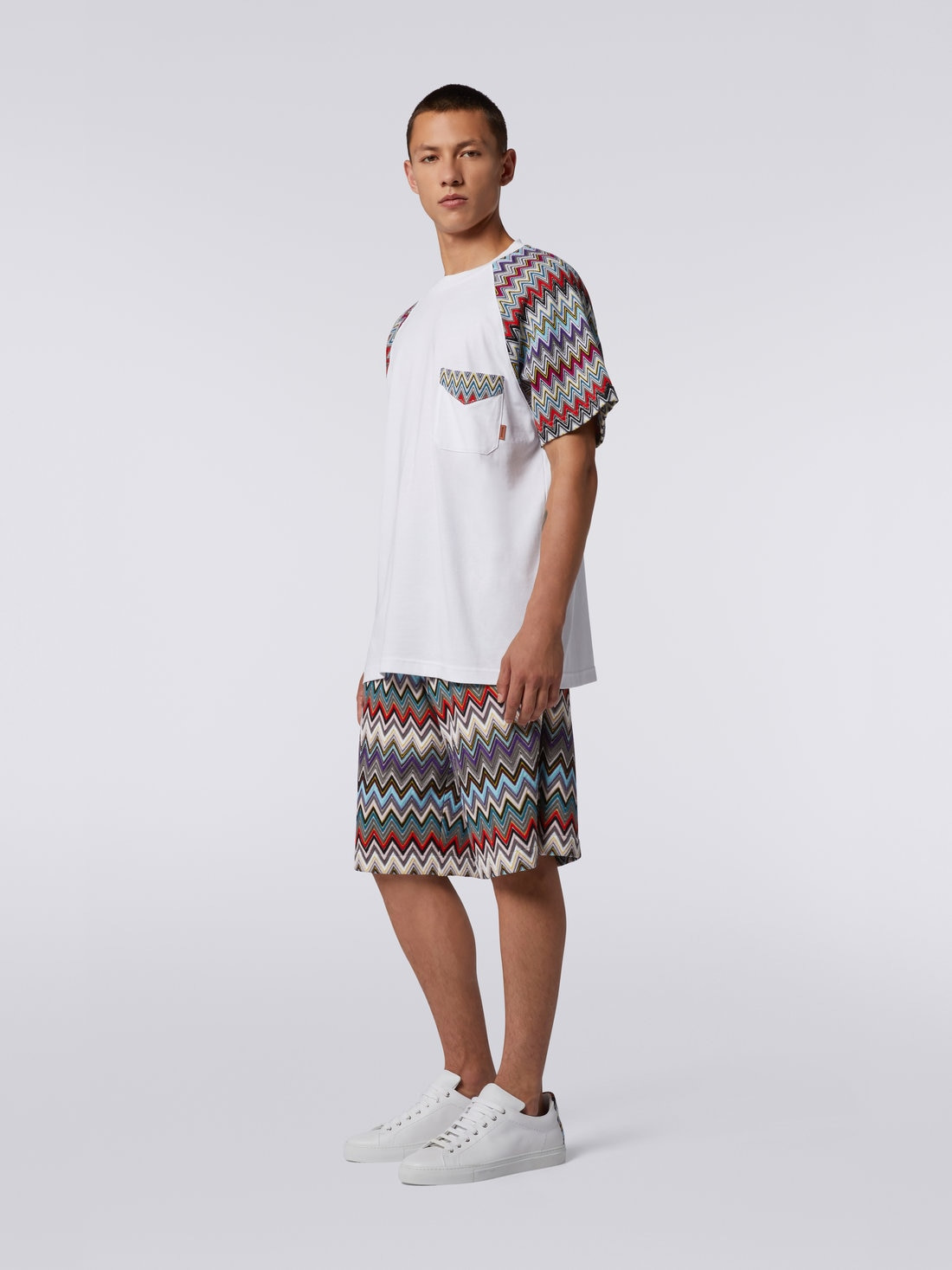 Cotton crew-neck T-shirt with knitted inserts - 3