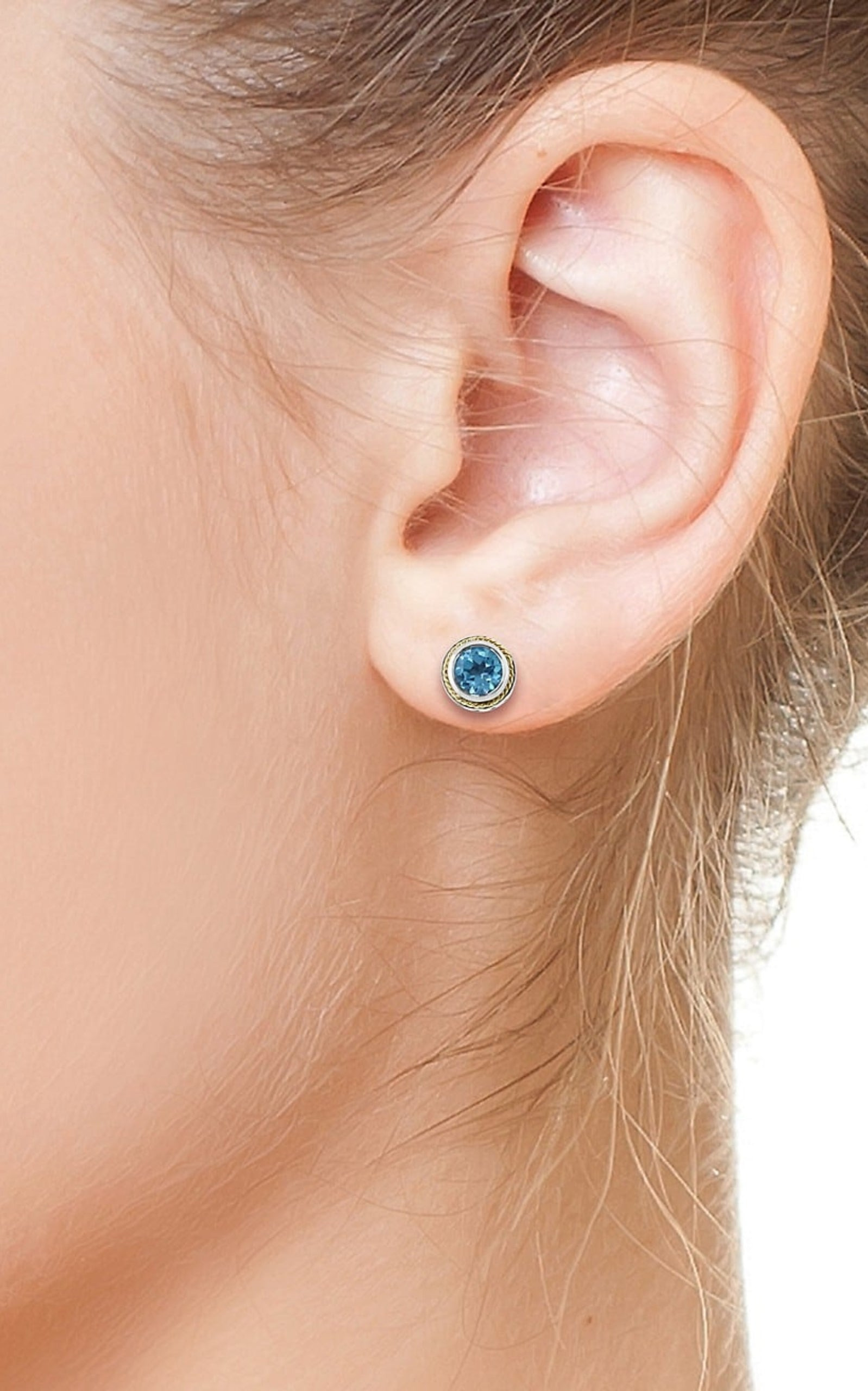 Sterling Silver, 18K Yellow Gold & Blue Topaz Stud Earrings - 2