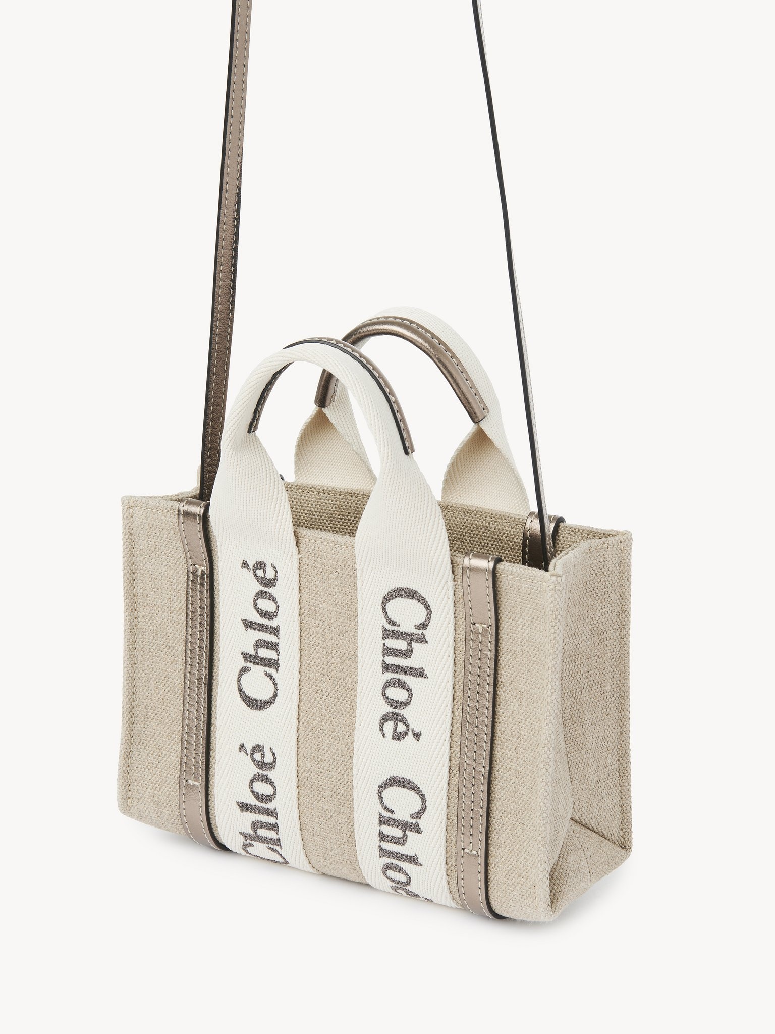 MINI WOODY TOTE BAG IN LINEN & LEATHER - 2