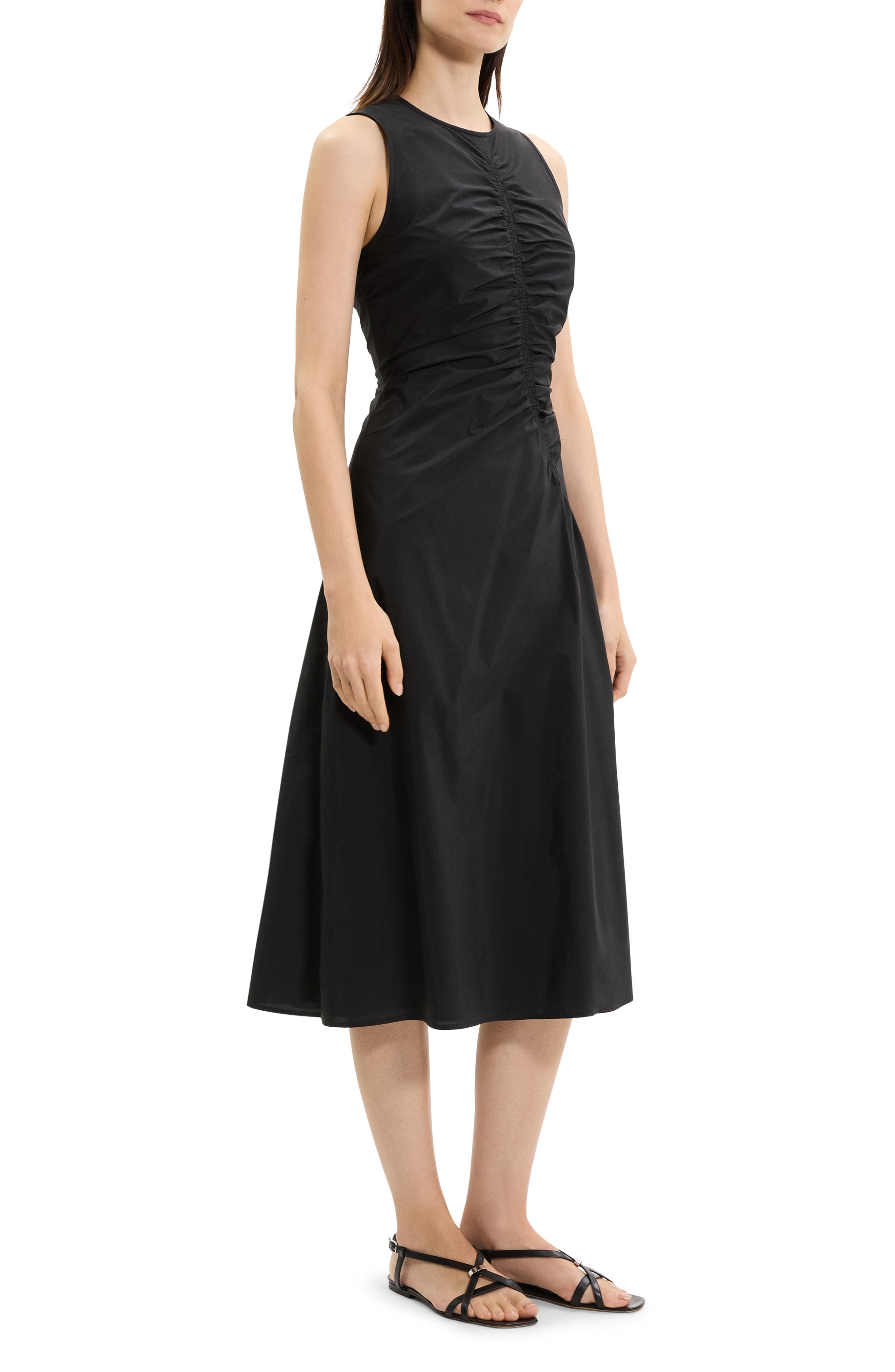 Theory Asymmetric Ruched Sleeveless Midi Dress in Black at Nordstrom - 3