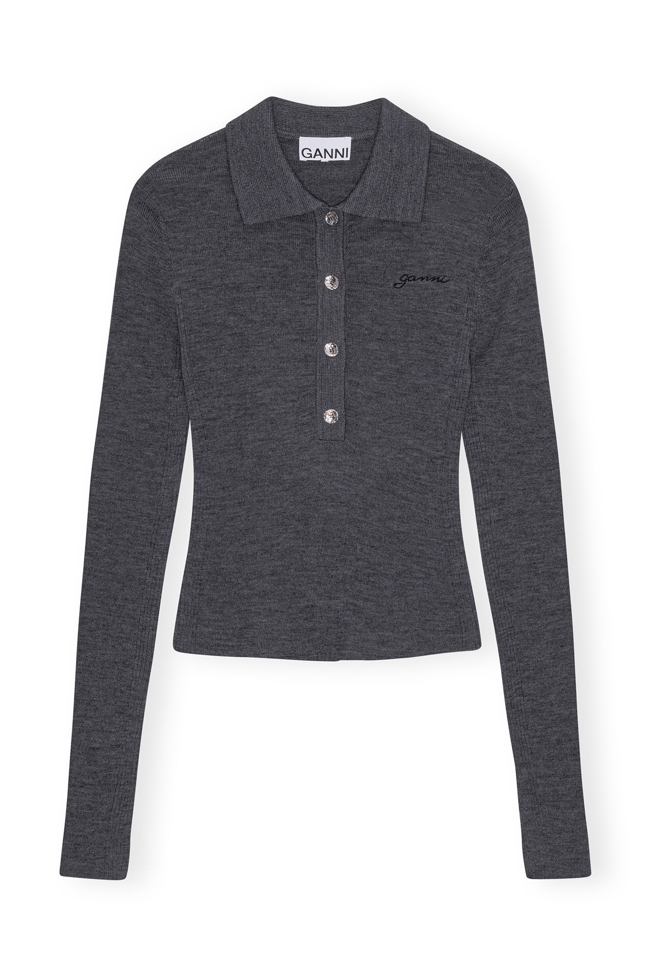 GREY RIBBED MERINO POLO - 1