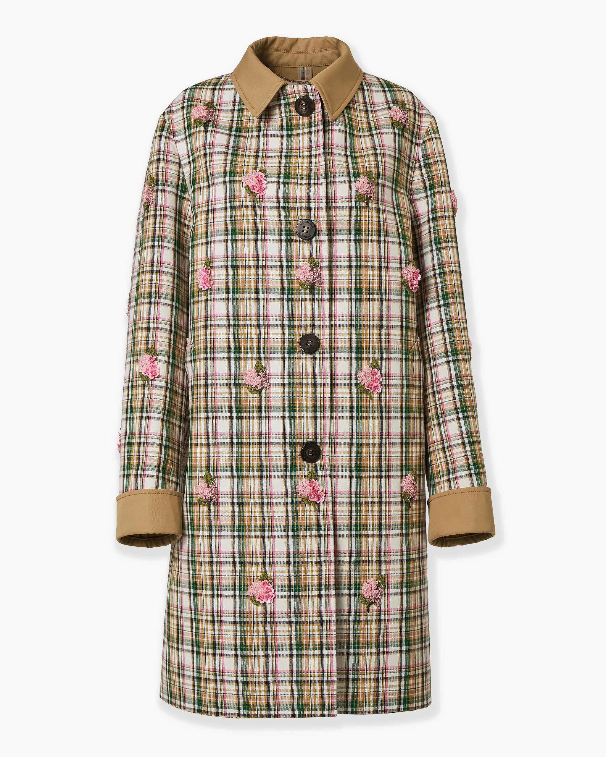Floral-Embroidered Plaid Coat - 1