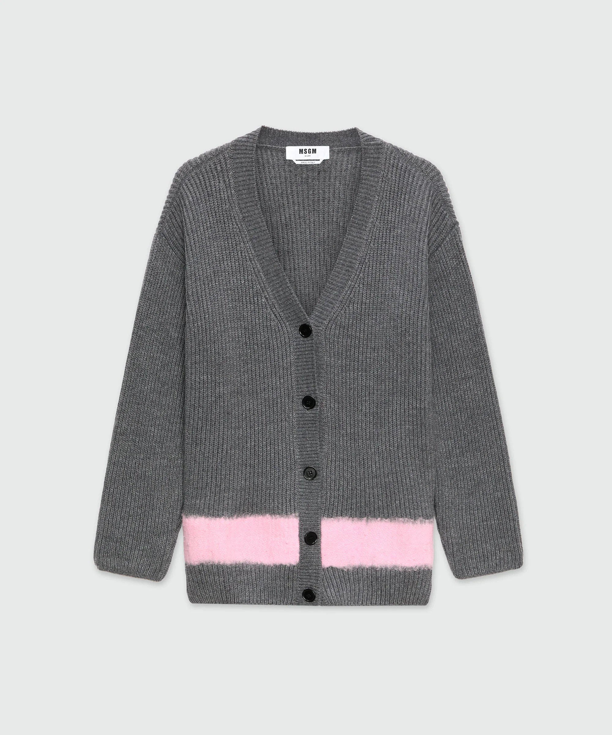 Grey melange ribbed knit cardigan with colorblock detail - 1