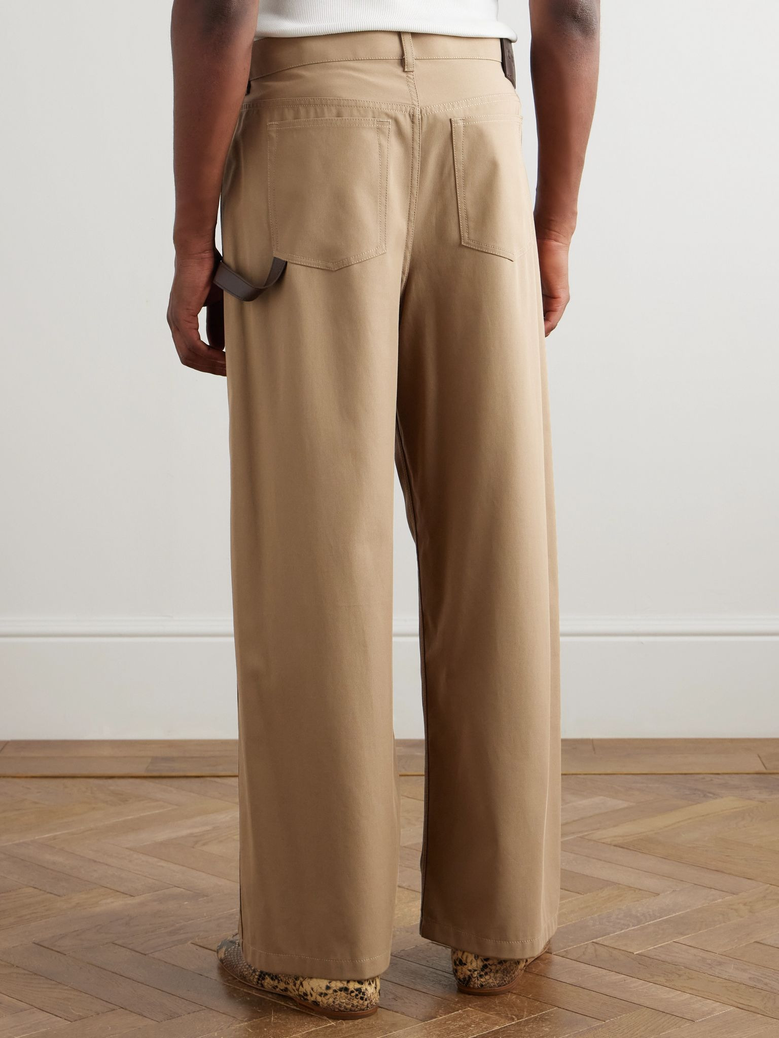 Carpenter Straight-Leg Leather-Trimmed Cotton-Twill Trousers Beige - 4