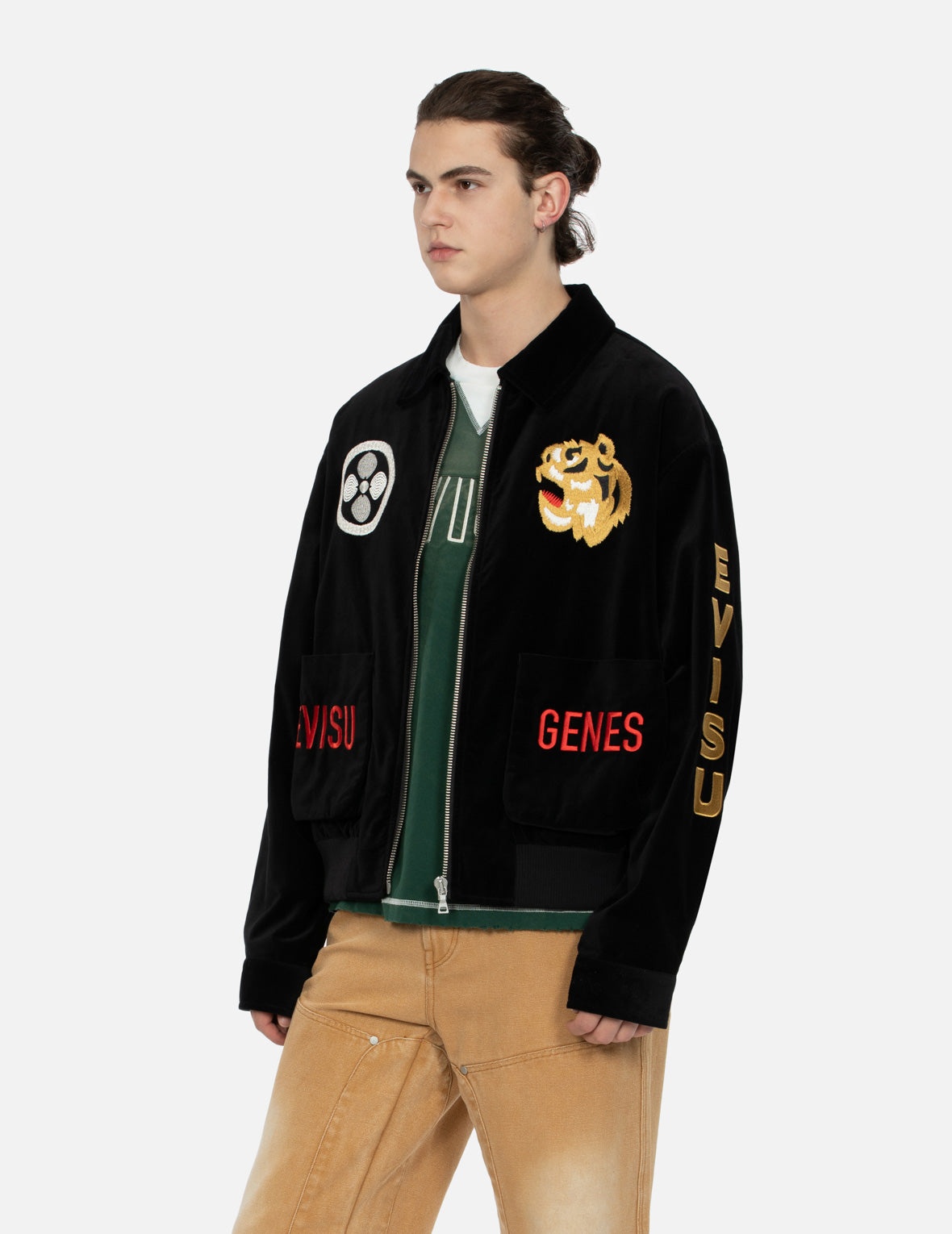 TIGER AND LOGO EMBROIDERY OVERSIZED VELVET BOMBER JACKET - 8
