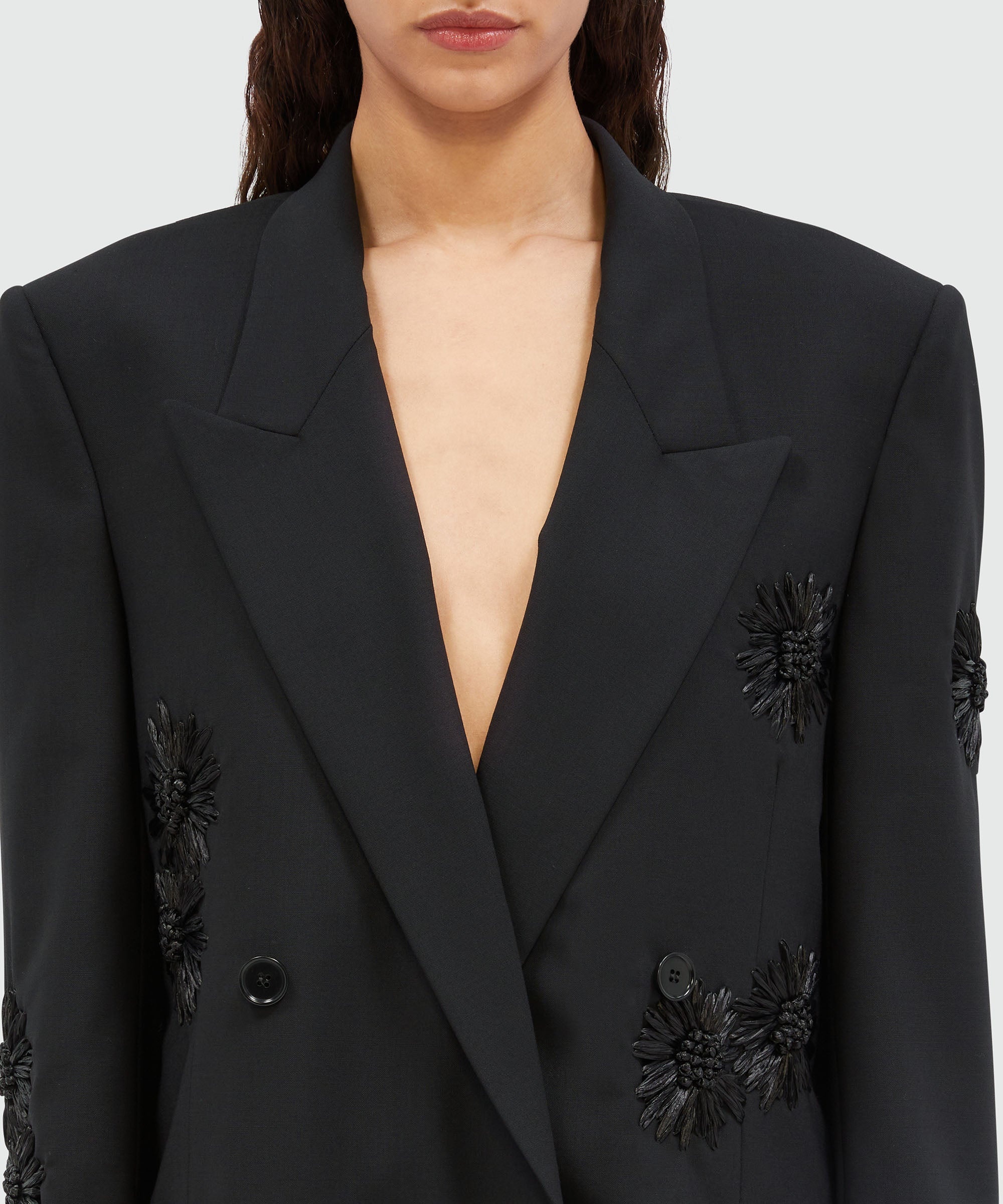 Double-breasted jacket in fresco wool with raffia flowers - 5