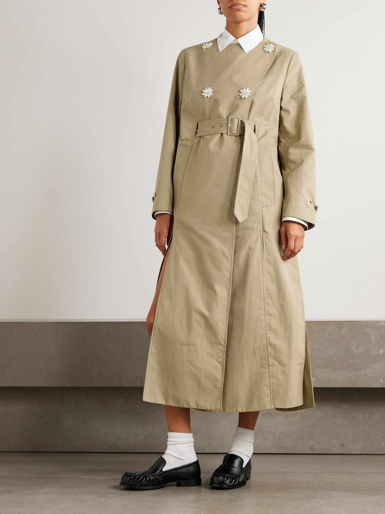 Belted double-breasted embellished cotton-blend canvas trench coat Beige - 3